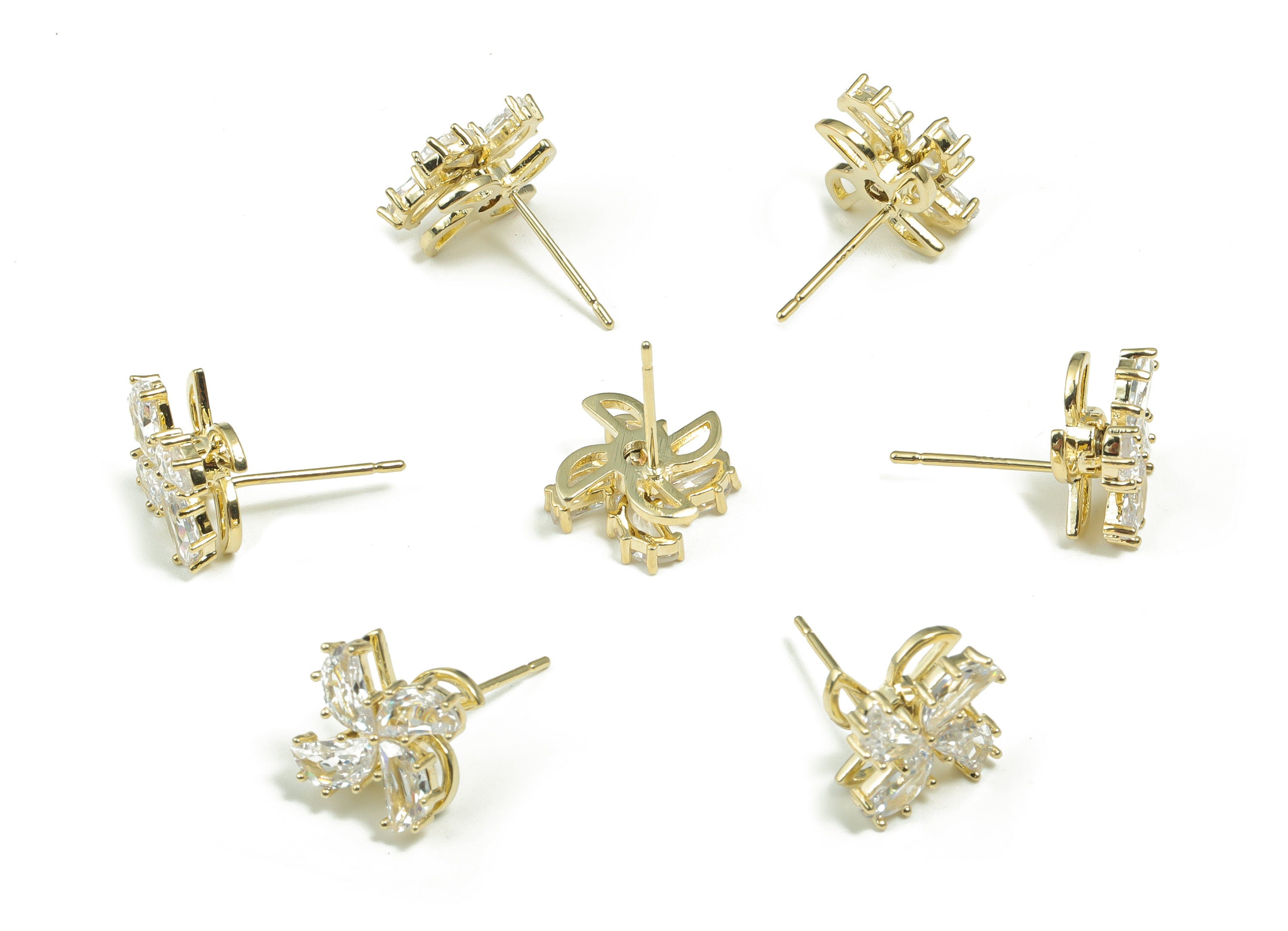 Brass Flower Earring Stud With Zircons - Gold Flower Post - Turning Earrings - 14K Real Gold Plated Brass - 10.47x10.47x4.61mm - RGP4173 - DOMEDBAZAAR