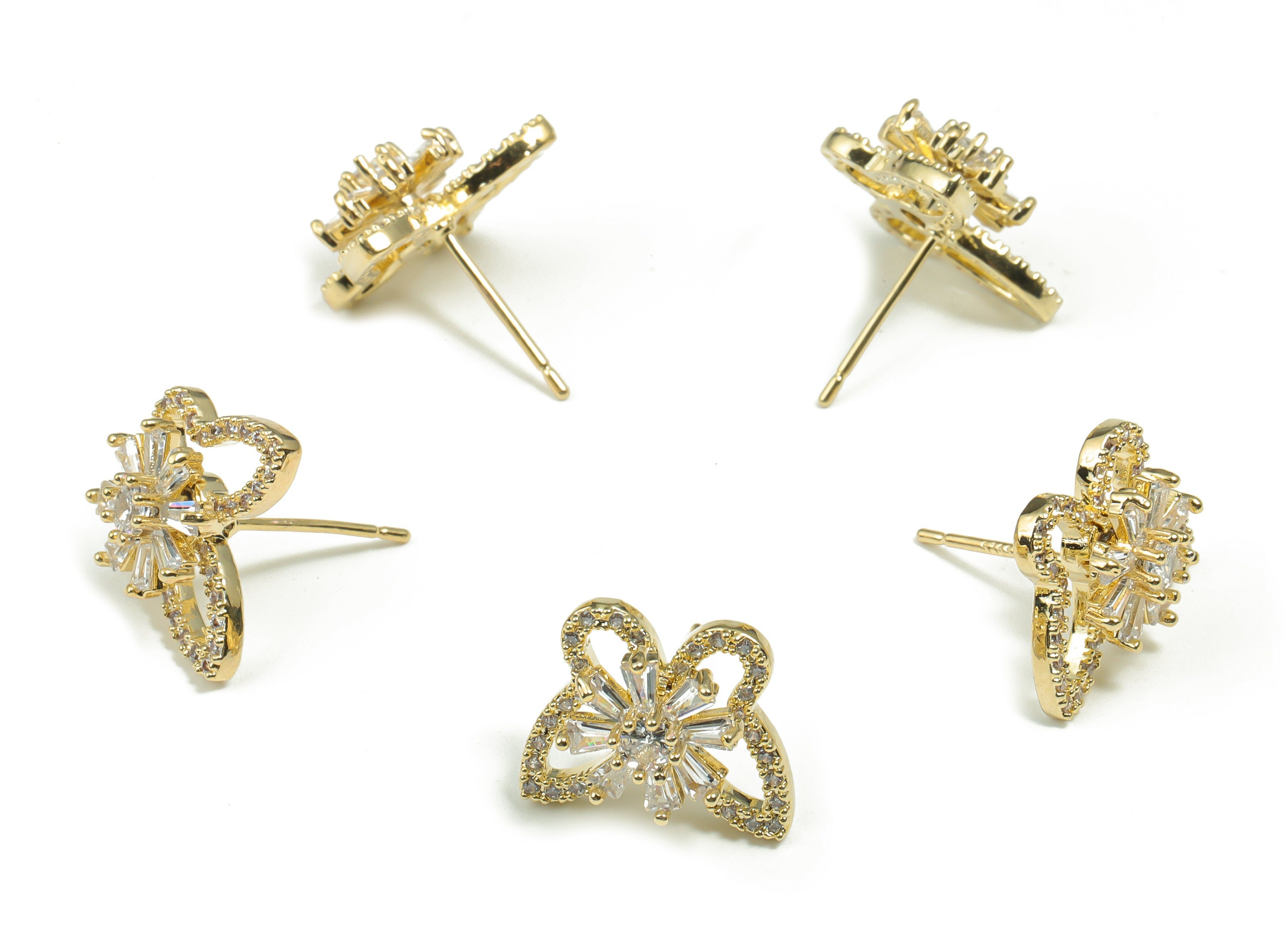 Brass Butterfly Earring Stud With Zircons - Gold Flower Post - Turning Earrings - 14K Real Gold Plated Brass - 15.08x12.25x6.57mm - RGP4174 - DOMEDBAZAAR