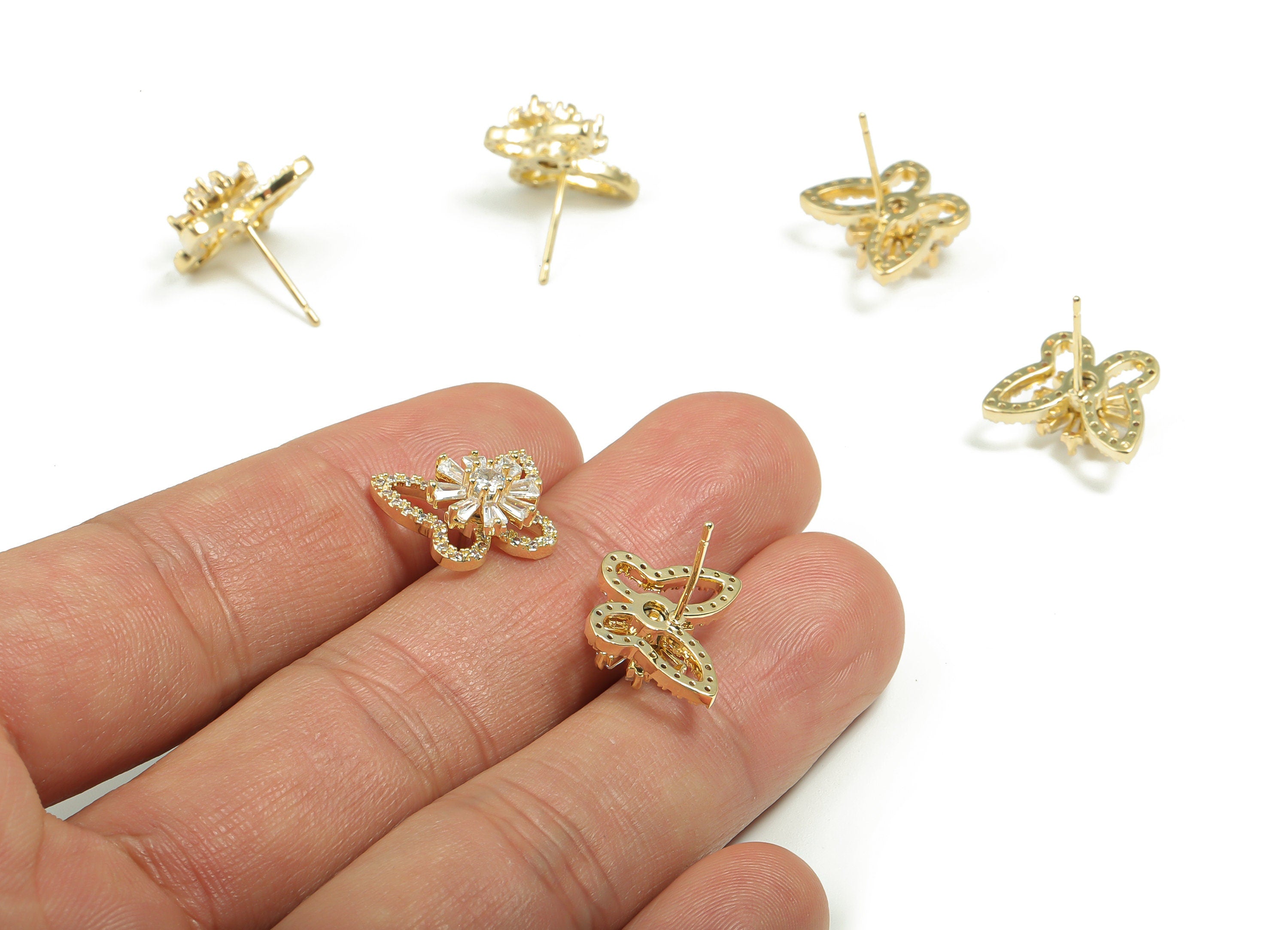 Brass Butterfly Earring Stud With Zircons - Gold Flower Post - Turning Earrings - 14K Real Gold Plated Brass - 15.08x12.25x6.57mm - RGP4174 - DOMEDBAZAAR
