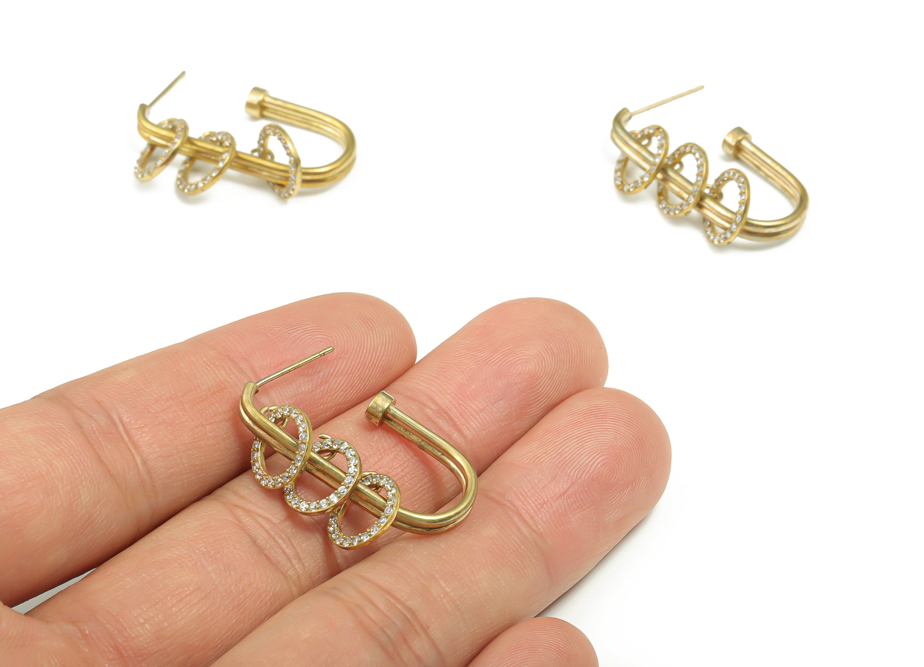 Brass Circle Earring Stud With Zircons - Raw Brass C Hoop Post - Brass Stud - Jewelry Making Supplies - 28.55x16.36x1.39mm - PP4902 - DOMEDBAZAAR