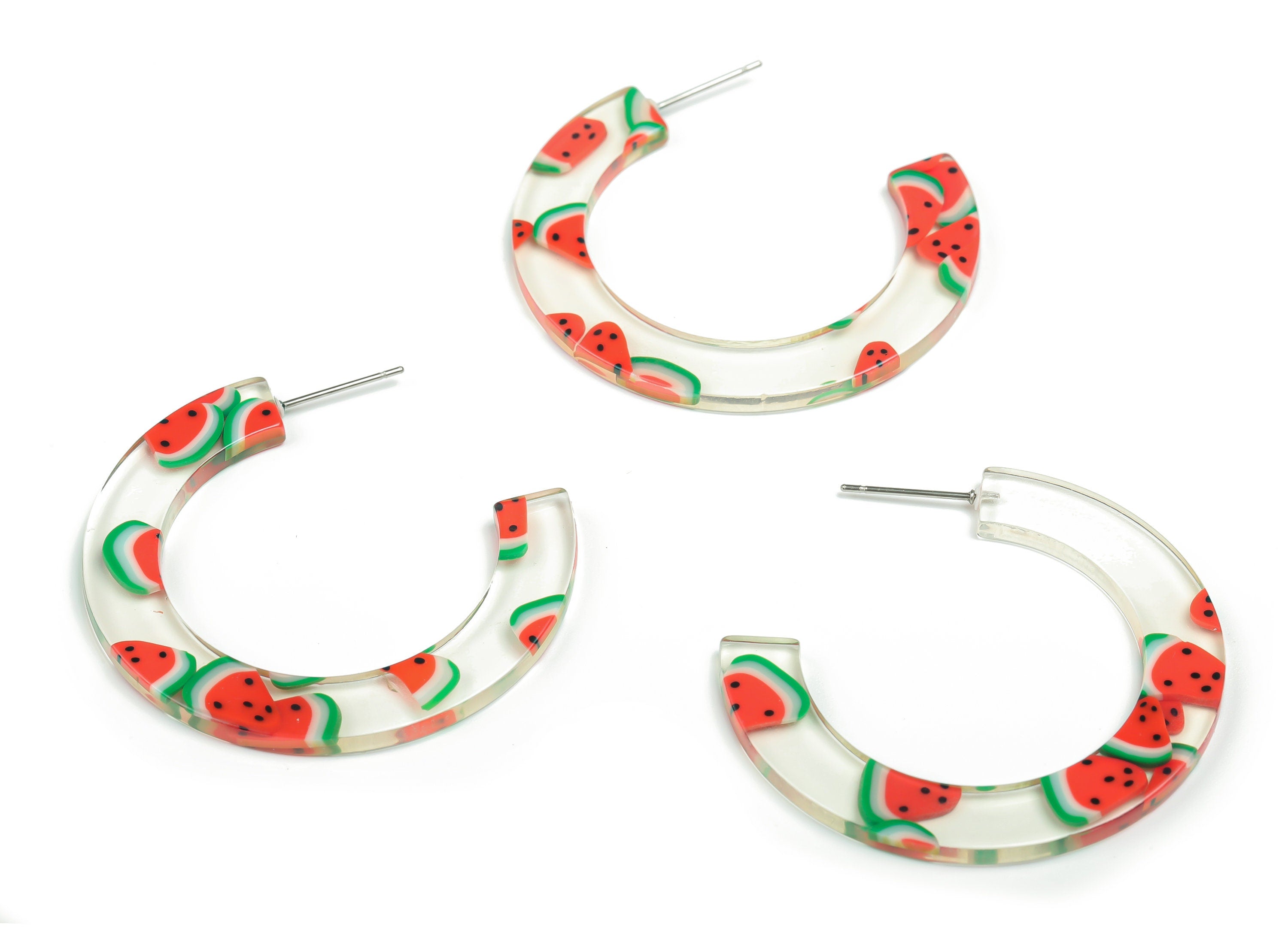 Open Hoop Earrings Stud - 2.5 inch Hoop Earring - Watermelon Acrylic Round Earring Post - Color Code: A716 - 44.13x37.21x2.5mm - AC2356-A716 - DOMEDBAZAAR