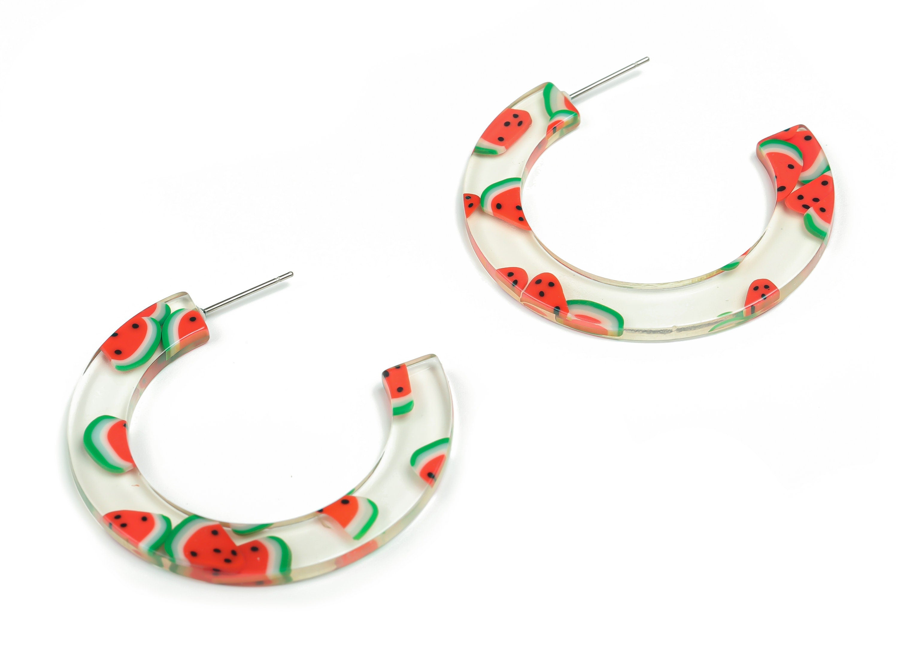 Open Hoop Earrings Stud - 2.5 inch Hoop Earring - Watermelon Acrylic Round Earring Post - Color Code: A716 - 44.13x37.21x2.5mm - AC2356-A716 - DOMEDBAZAAR