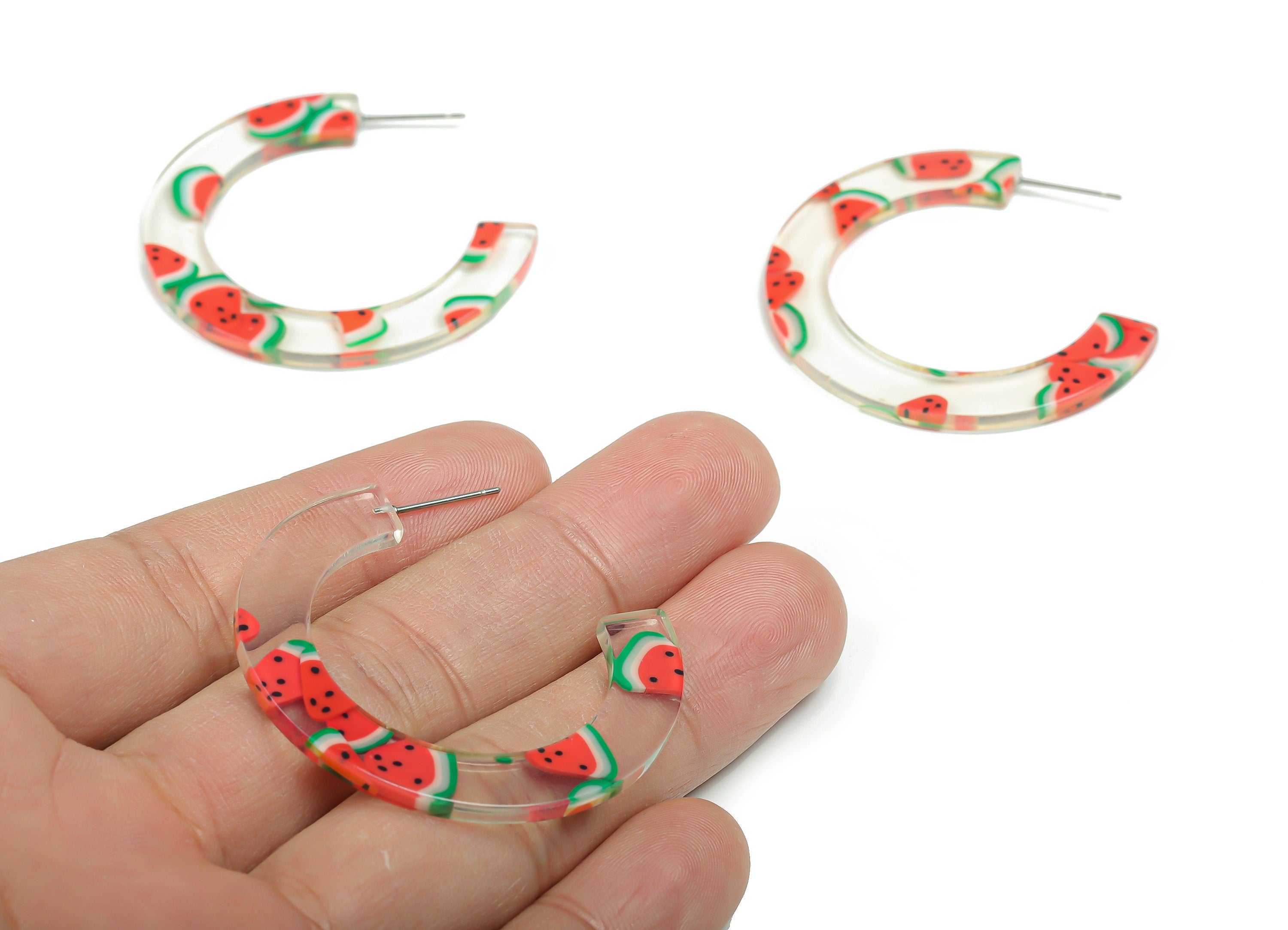 Open Hoop Earrings Stud - 2.5 inch Hoop Earring - Watermelon Acrylic Round Earring Post - Color Code: A716 - 44.13x37.21x2.5mm - AC2356-A716 - DOMEDBAZAAR