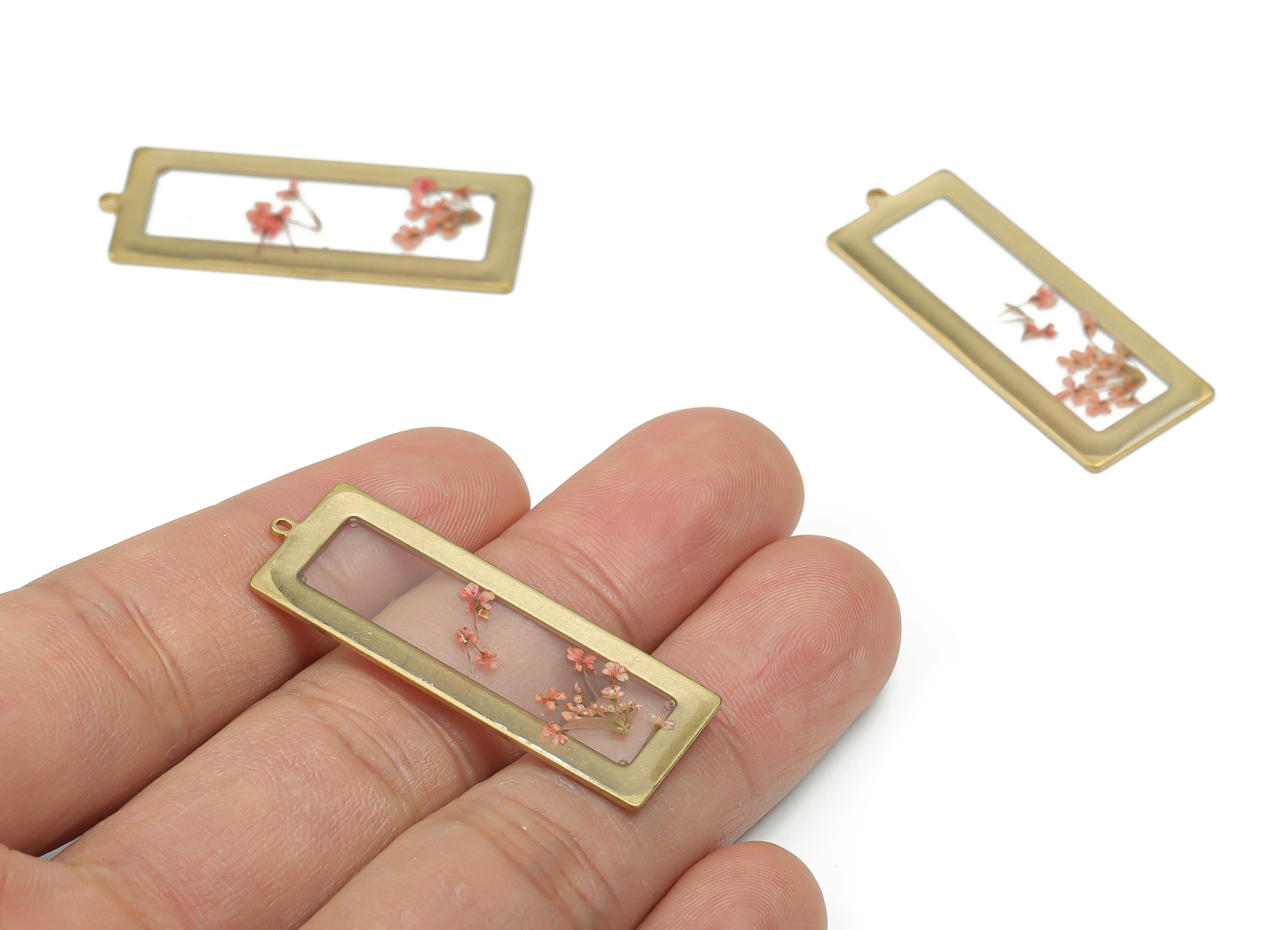 Brass Rectangle Earring Charms - Resin Tiny Real Flower Pendant - Resin Jewelry Enamel - Jewelry Supplies - 40.12x15.18x1.29mm - RC1200 - DOMEDBAZAAR