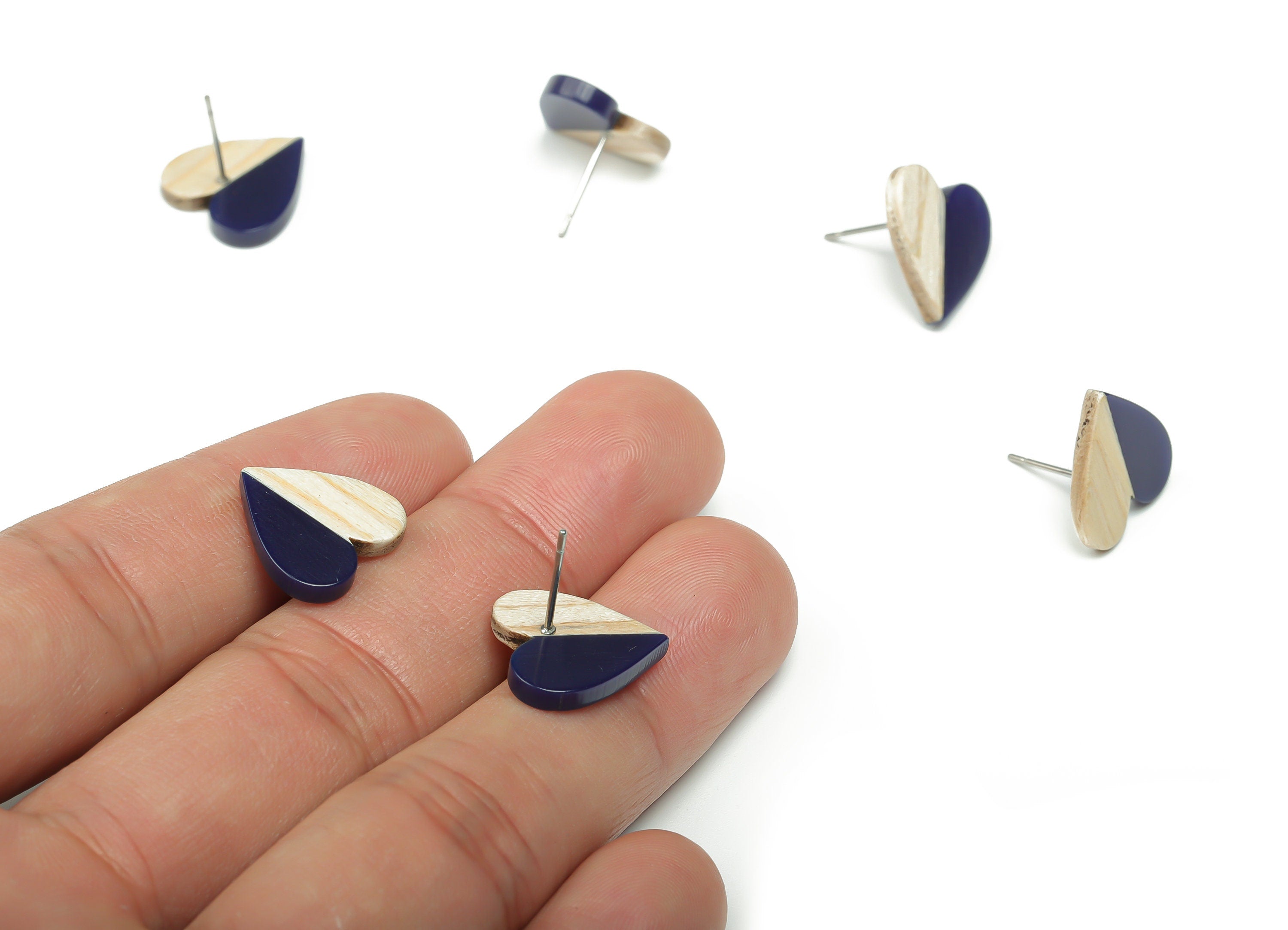 Resin Heart Earring Stud - Plain Wood Heart Post - 316 Surgical Stainless Steel Stud - Jewelry Making Supplies - 14.76x14.3x3.12mm - BB1133E - DOMEDBAZAAR