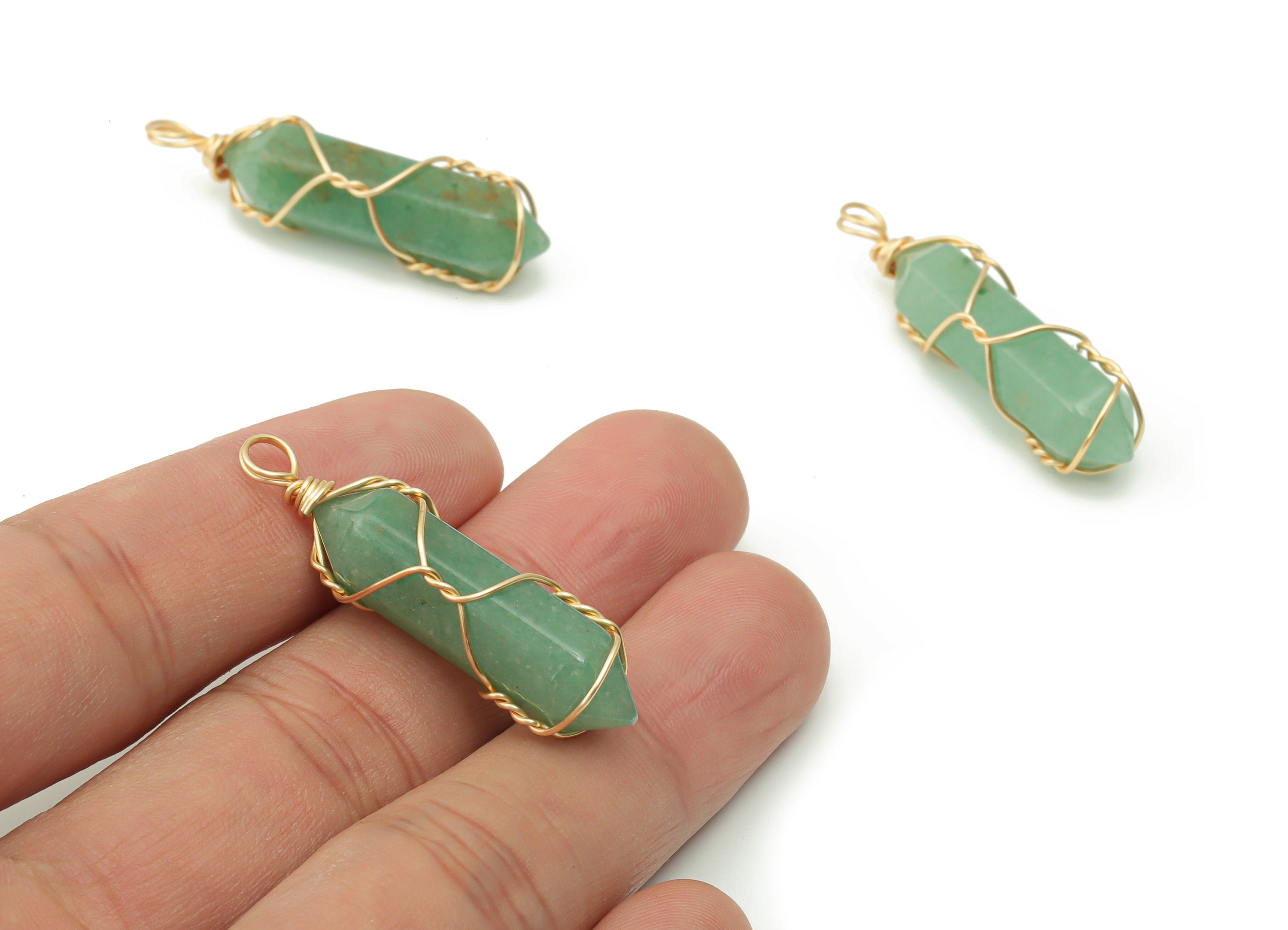 Aventurine Strip Earring Charms - Brass Wire Wrapped Pendant - Crystal Healing - Natural Stone - Gold Tone Plated Brass – 40x10x10mm–NS1555B - DOMEDBAZAAR