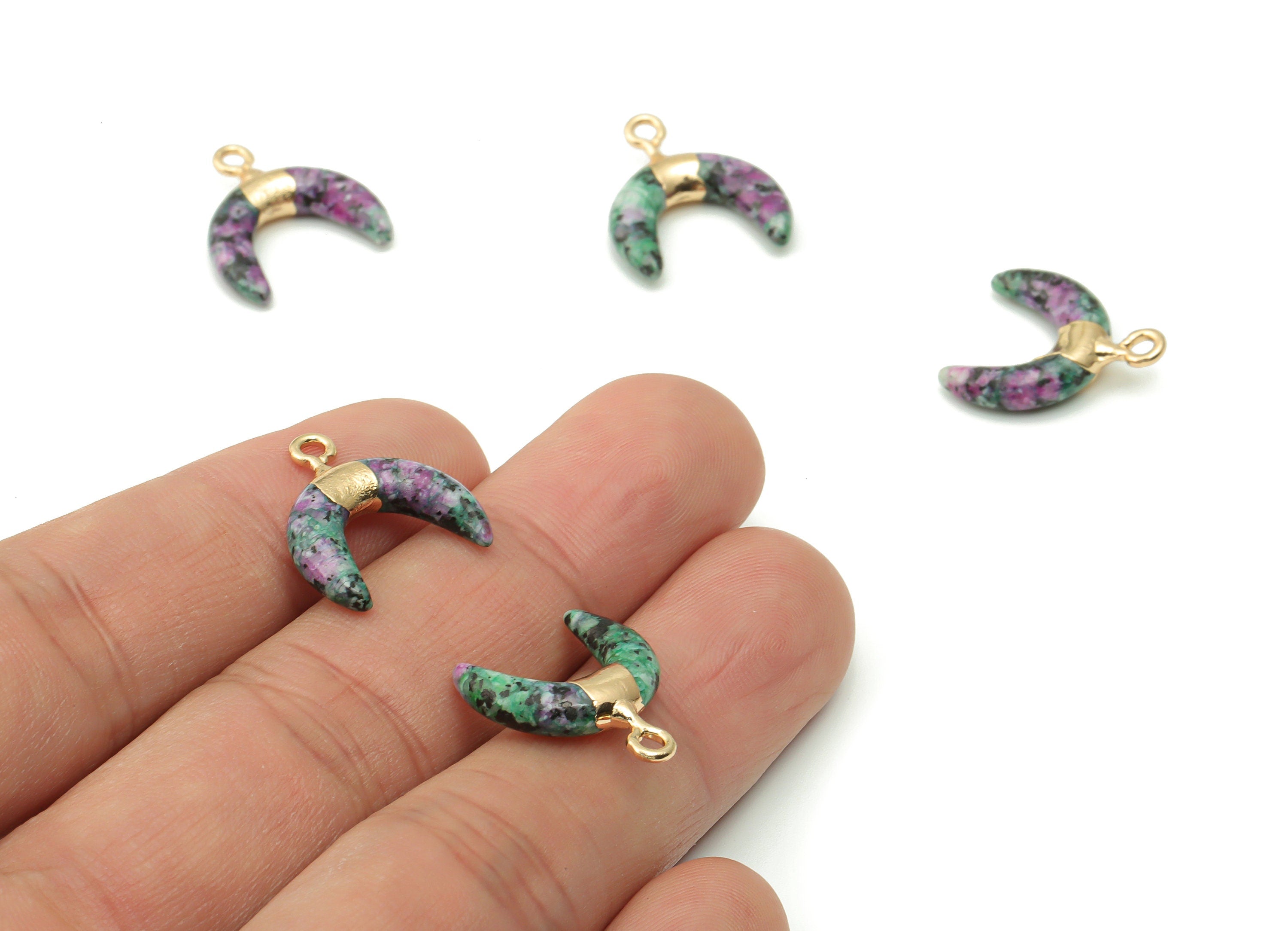 Ruby zoisite Ox Horn Earring Charms - Gold Crescent Pendant - Gold Tone Plated Brass – Jewelry Making Supplies - 18.1x16.34x4.37mm – NS1556 - DOMEDBAZAAR