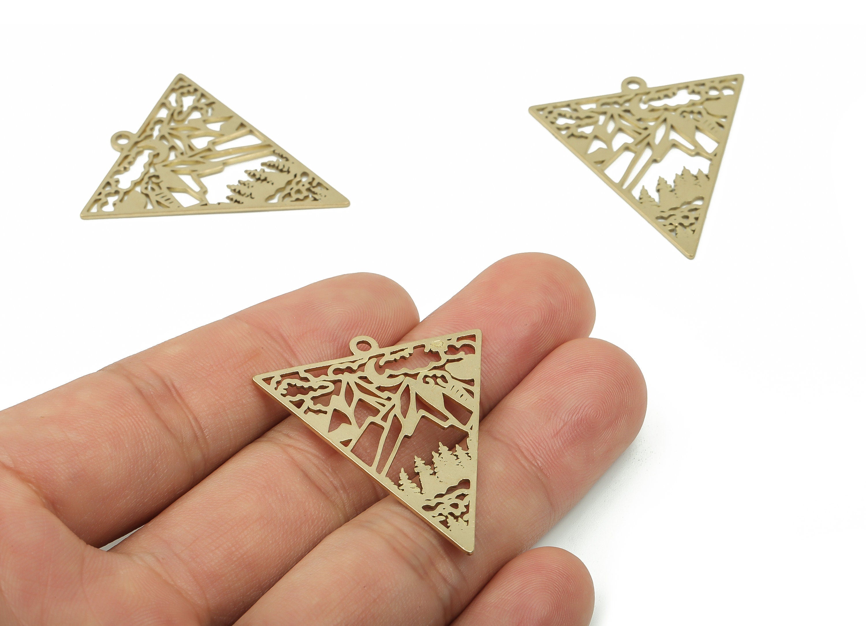 Brass Triangle Earring Charms - Raw Brass Landscape Trees Moon Pendant - Jewelry Making Supplies - 38.43x33.15x0.83mm - PPA0088 - DOMEDBAZAAR