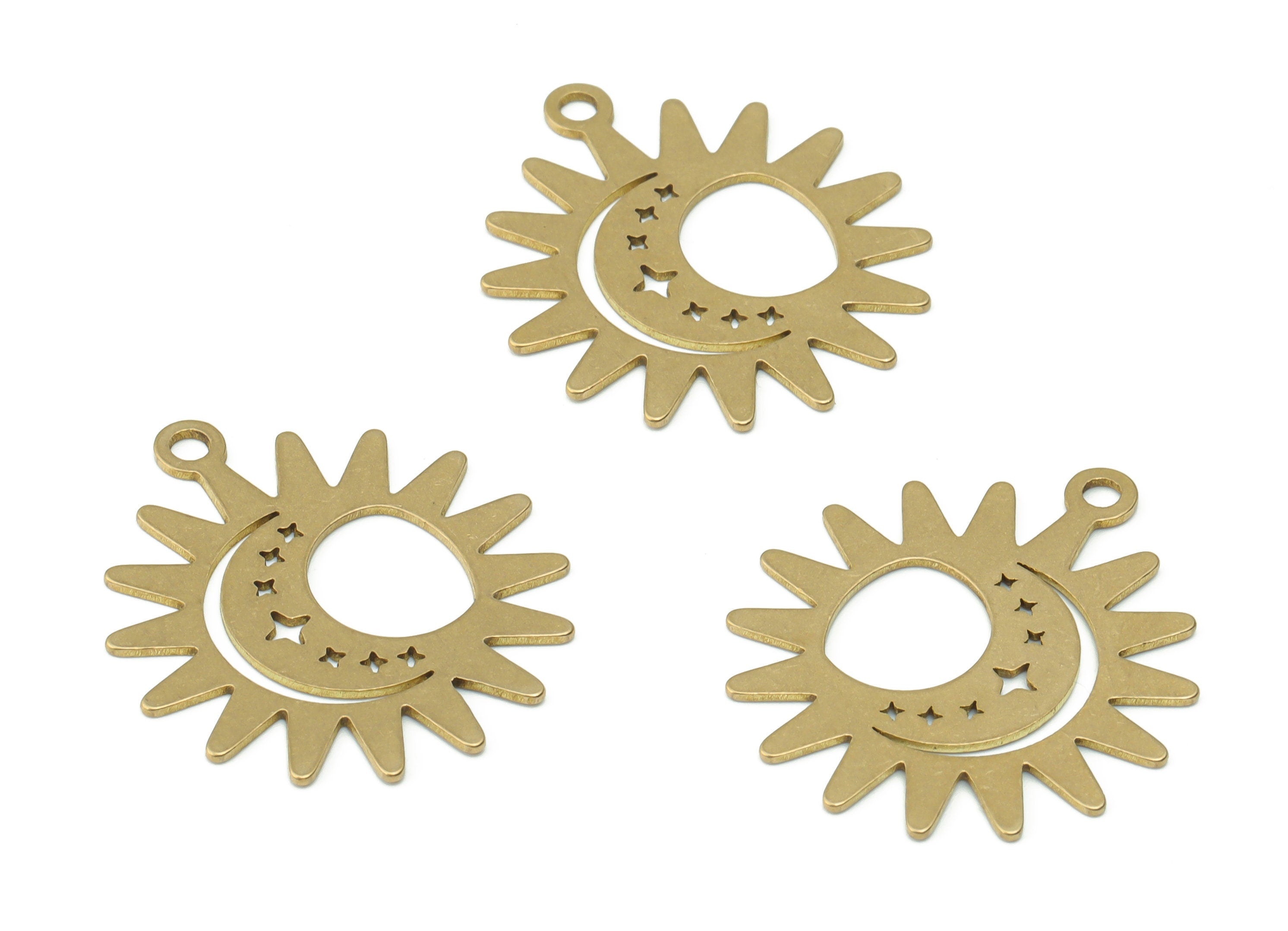Brass Sun Crescent Earring Charms - Raw Brass Planet Moon Stars Pendant - DIY Jewelry Making Supplies - 27.79x24.39x0.65mm - PPZ0077 - DOMEDBAZAAR