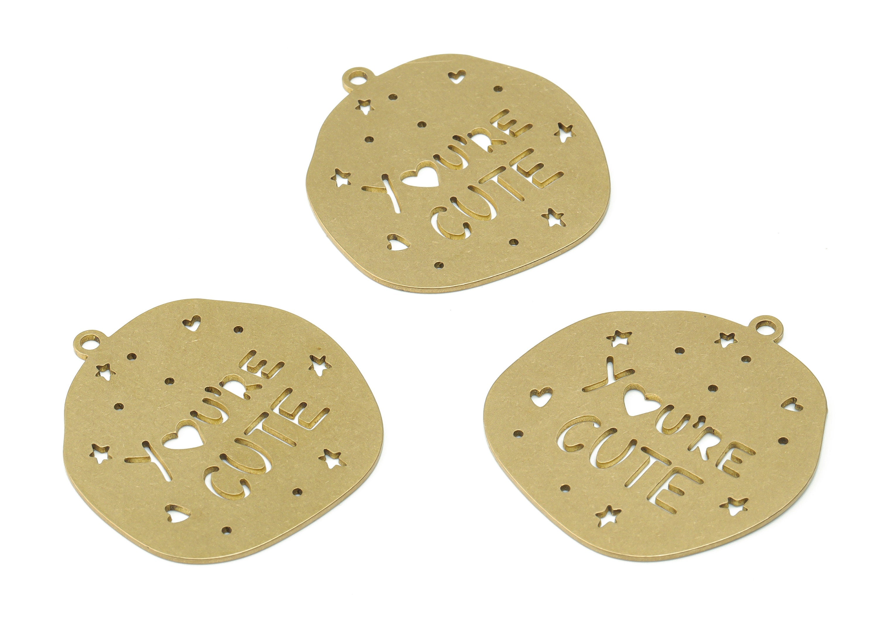Brass You'RE CUTE Earring Charms - Raw Brass Star Heart Pendant - Jewelry Making Supplies - 37.42x34.52x0.87mm - PPZ0045-1 - DOMEDBAZAAR