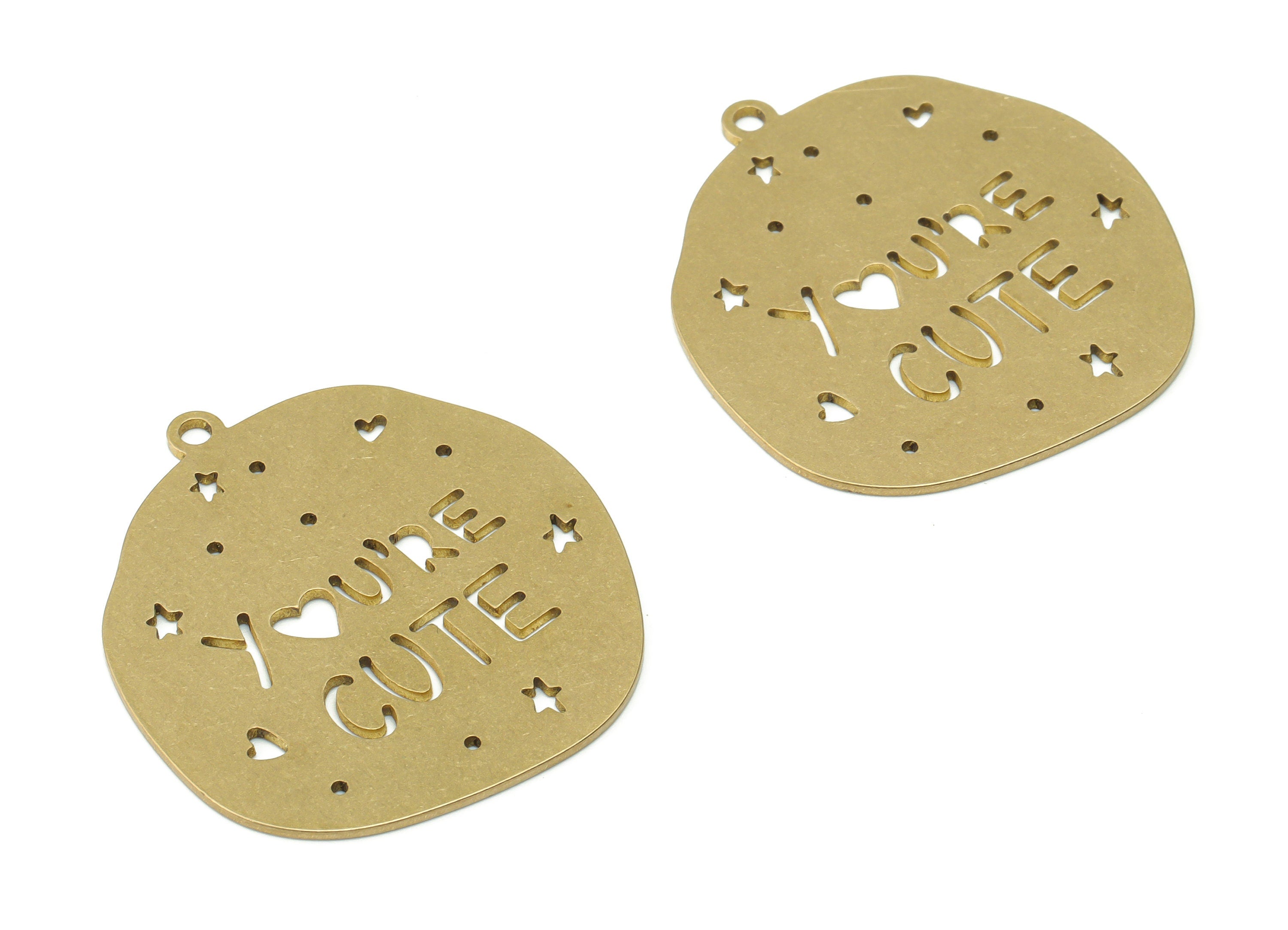 Brass You'RE CUTE Earring Charms - Raw Brass Star Heart Pendant - Jewelry Making Supplies - 37.42x34.52x0.87mm - PPZ0045-1 - DOMEDBAZAAR