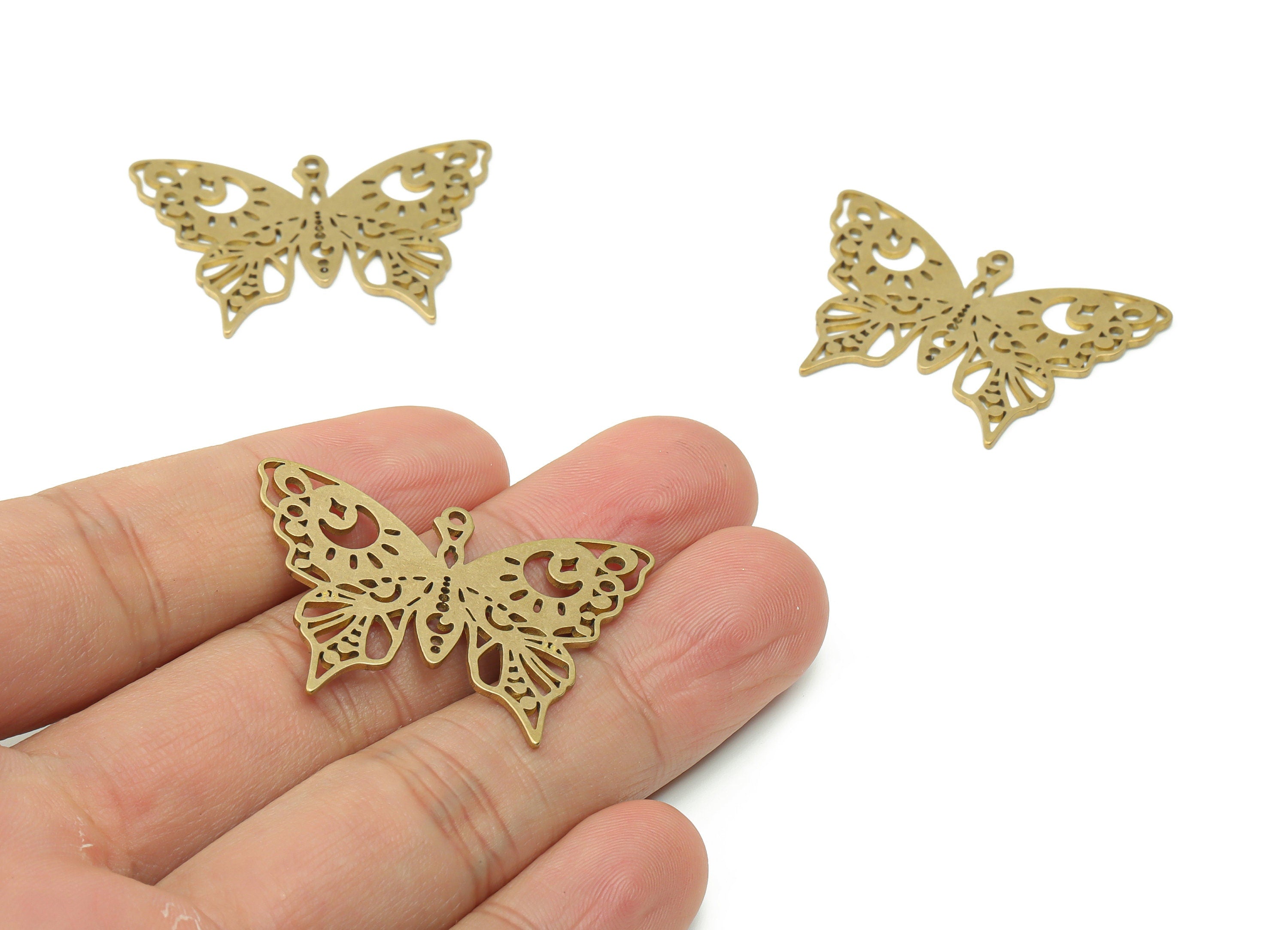Brass Butterfly Sun Earring Charms - Raw Brass Butterfly Moon Planet Pendant - Jewellery Making Supplies - 38.06x27.08x0.86mm - PPZ0086 - DOMEDBAZAAR