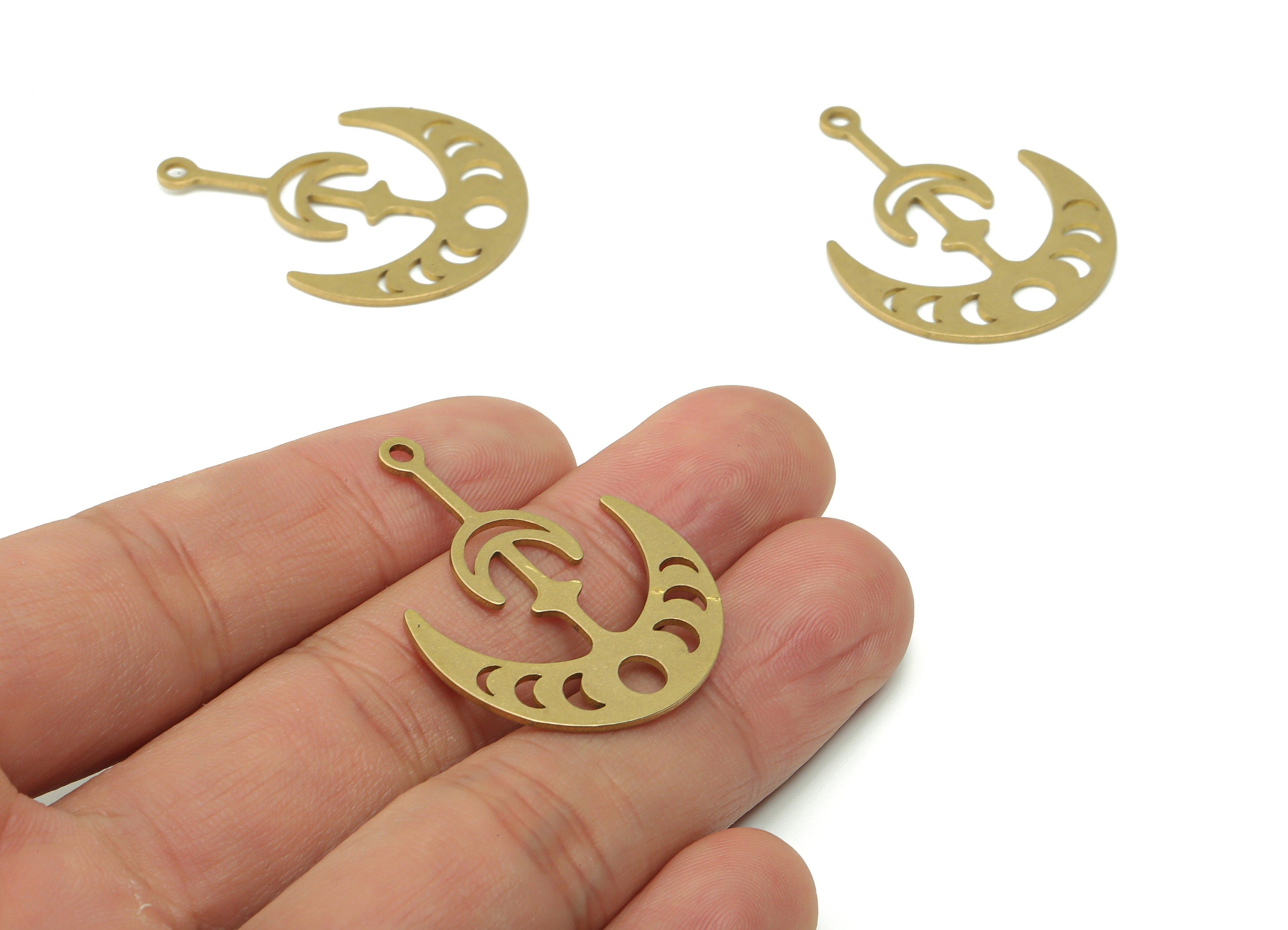 Brass Crescent Planet Earring Charms - Raw Brass Phases of Moon Pendant - DIY Jewelry Making Supplies - 35.69x26.92x0.88mm - PPZ0052 - DOMEDBAZAAR
