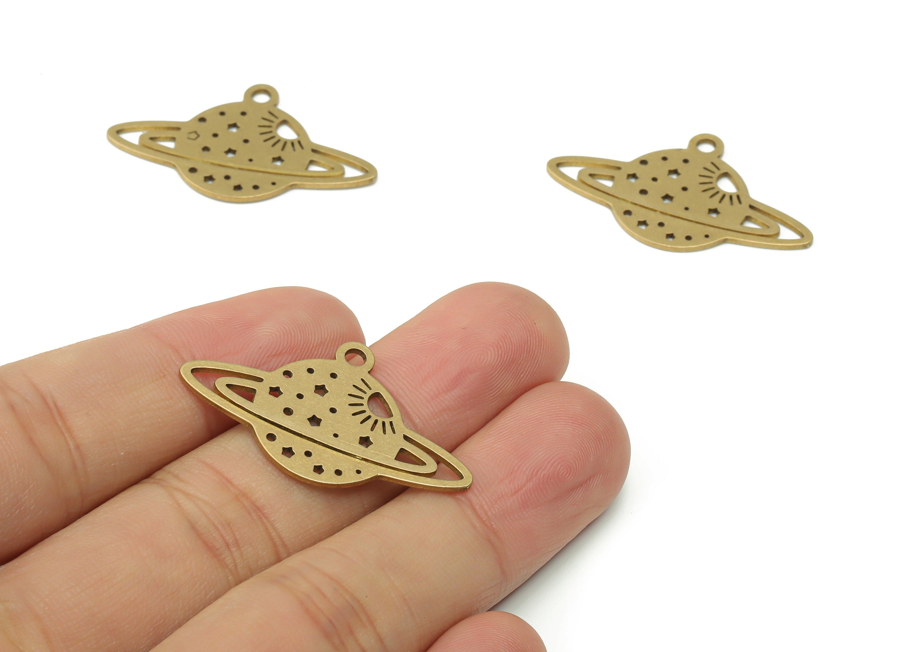 Brass Round Planet Earring Charms - Raw Brass Saturn Sun Universe Pendant - Jewelry Making Supplies - 34.66x20.5x0.86mm - PPZ0072 - DOMEDBAZAAR