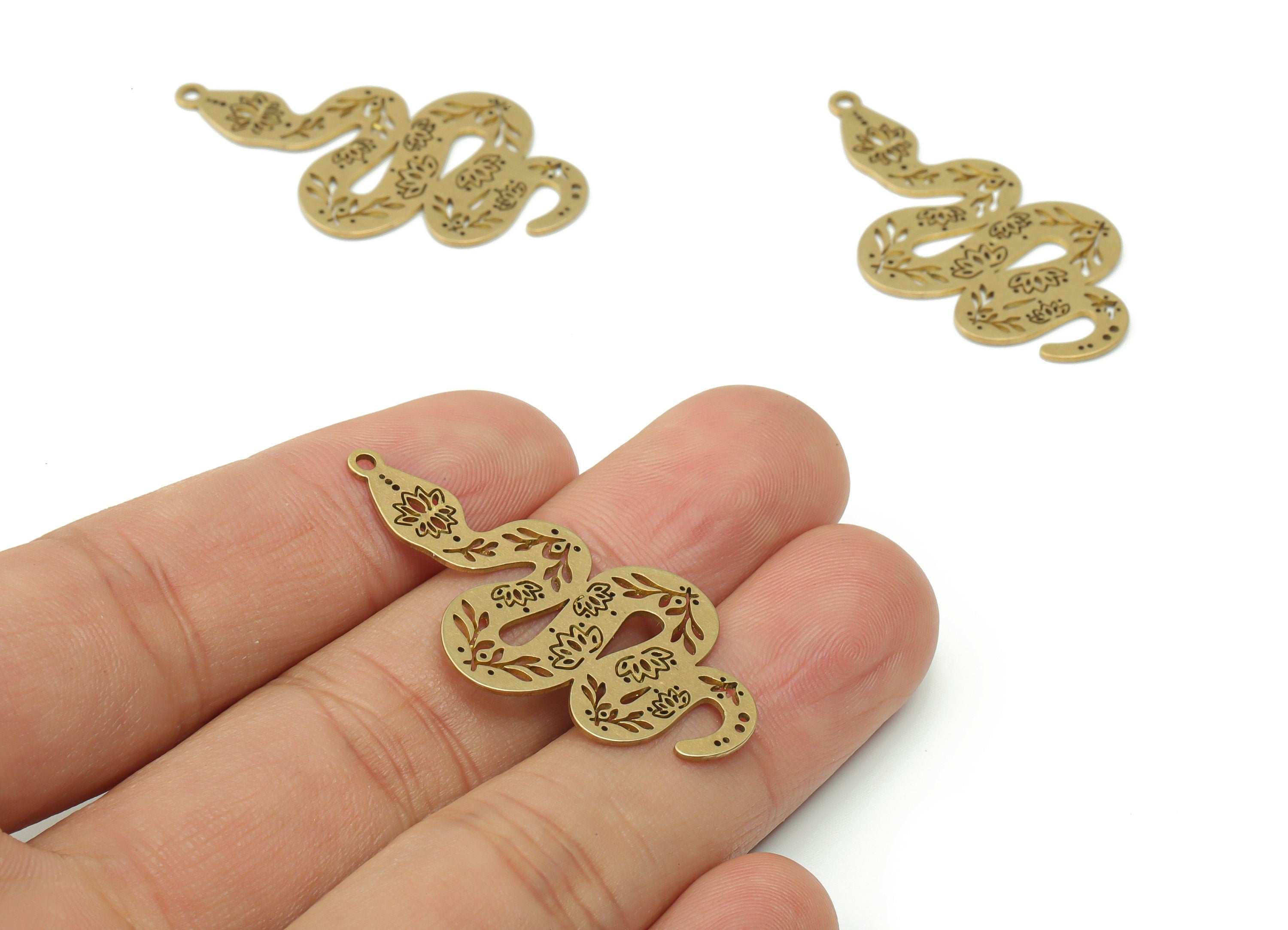 Brass Snake Lotus Earring Charms - Raw Brass Snake Branch Pendant - DIY Jewelry Making Supplies - 40.21x19.47x0.67mm - PPA0248 - DOMEDBAZAAR