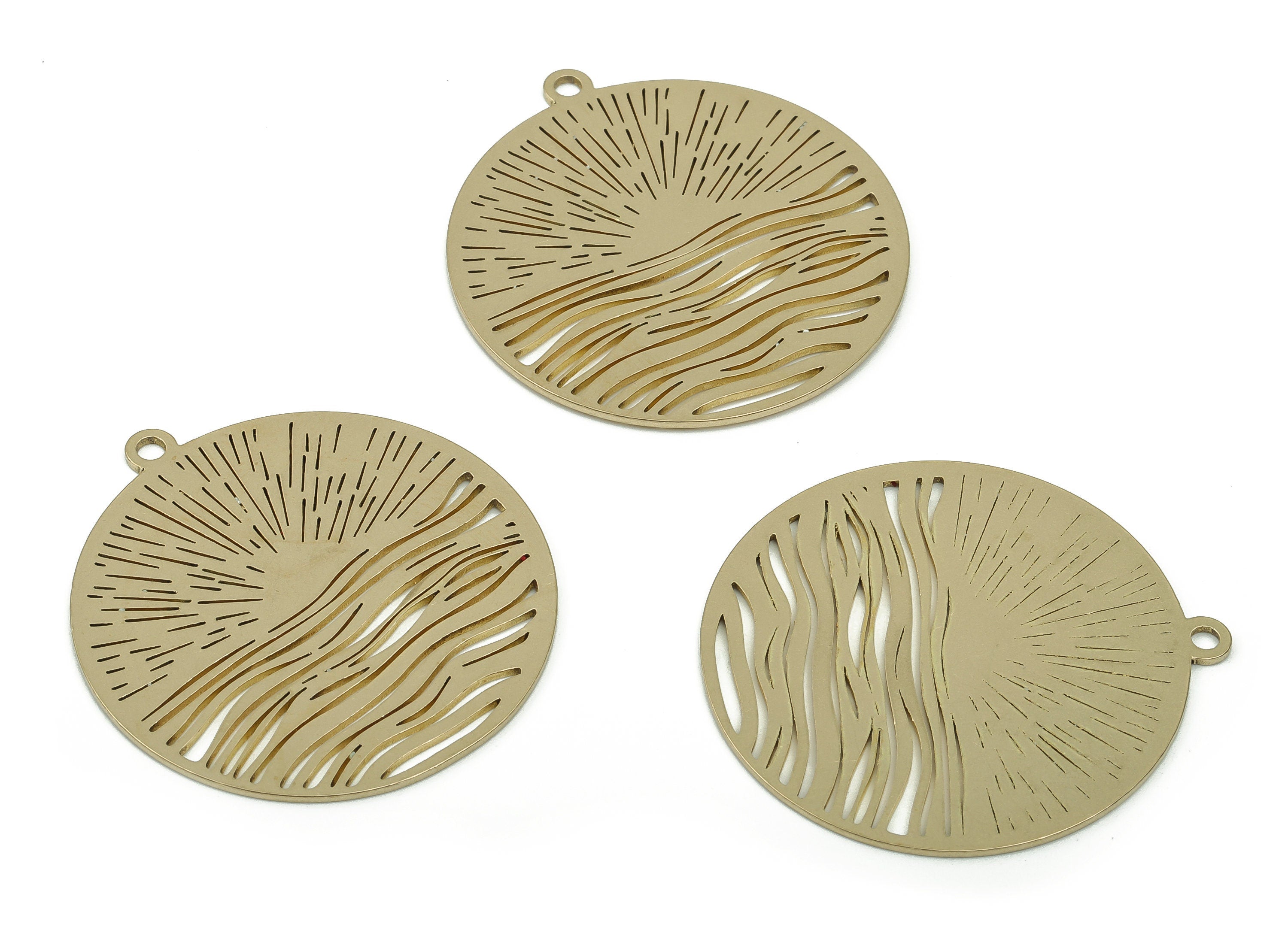 Brass Round Sea Sparkle Earring Charms - Raw Brass Sun Waves Pendant - Jewelry Making Supplies - 37.77x34.84x0.88mm - PPA0091 - DOMEDBAZAAR