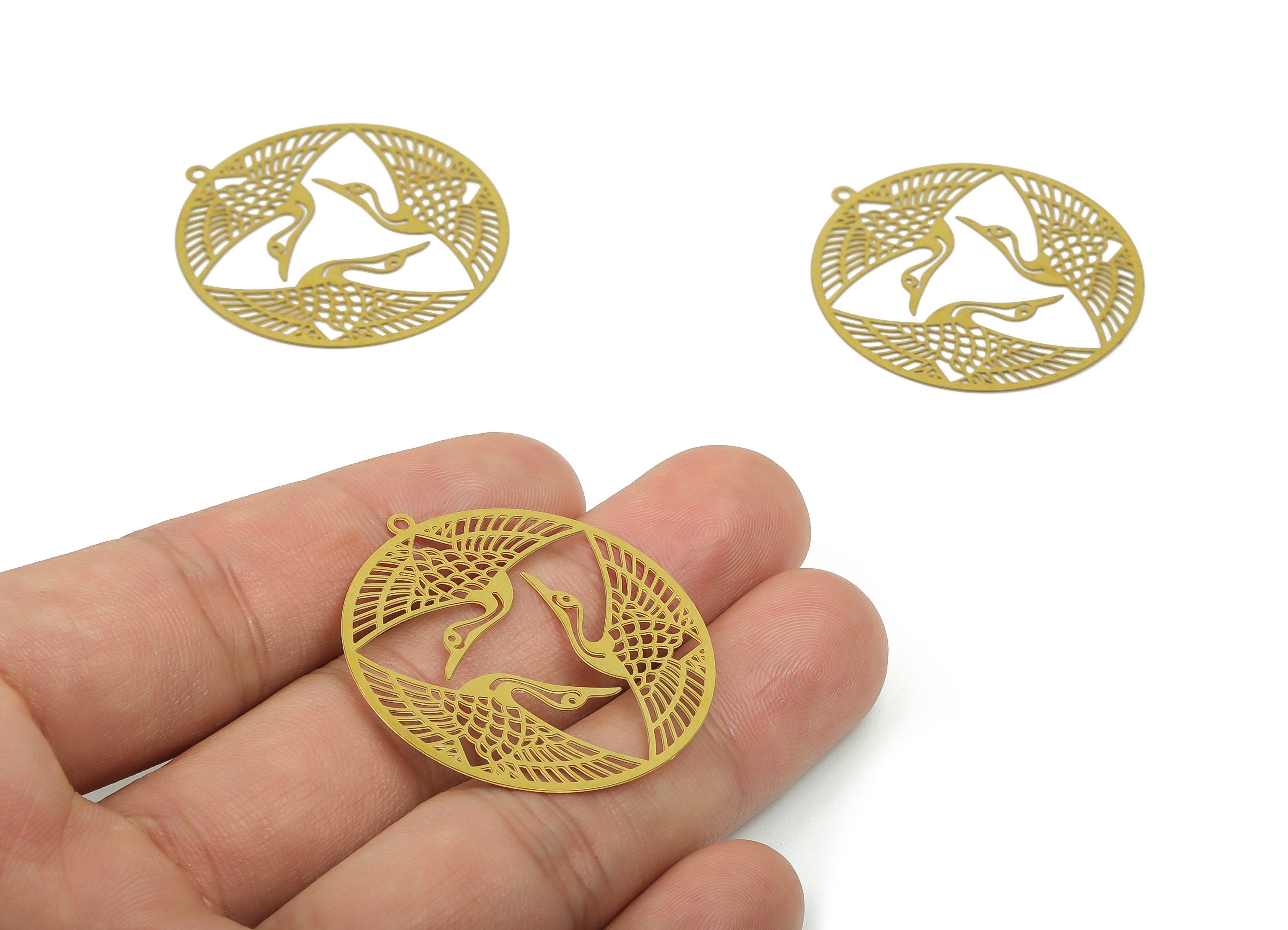 Raw Brass Round Earrings Charm - Brass Round Crane Pendant Charm - Unique Laser Cut Jewelry - Jewelry Supplies -37.14x35.05x0.28mm- JJB6780 - DOMEDBAZAAR