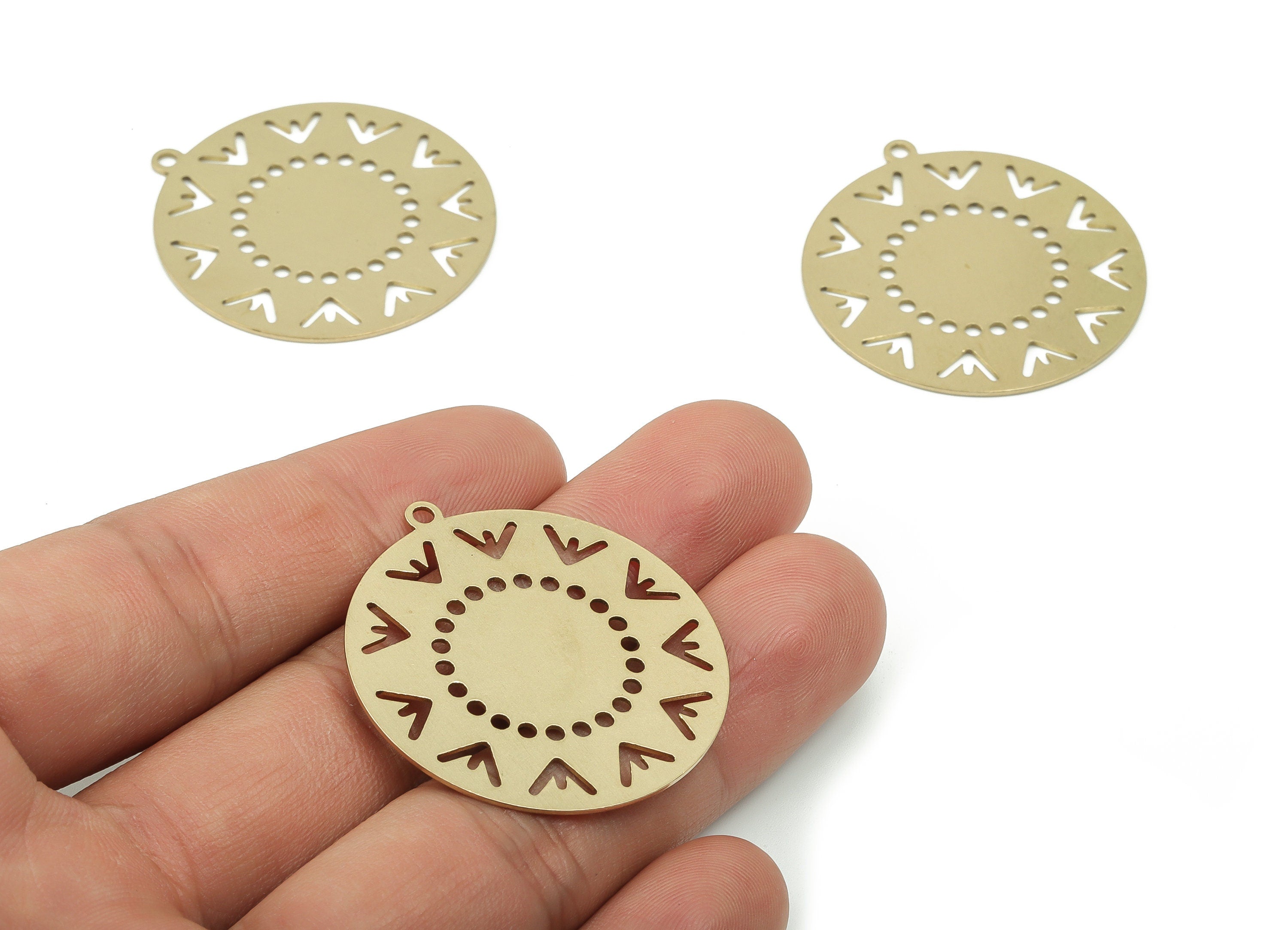 Brass Round Earring Charms - Raw Brass Sun Circle Pendant - DIY Jewelry Making Supplies - 37.57x34.8x0.7mm - PPA0086 - DOMEDBAZAAR
