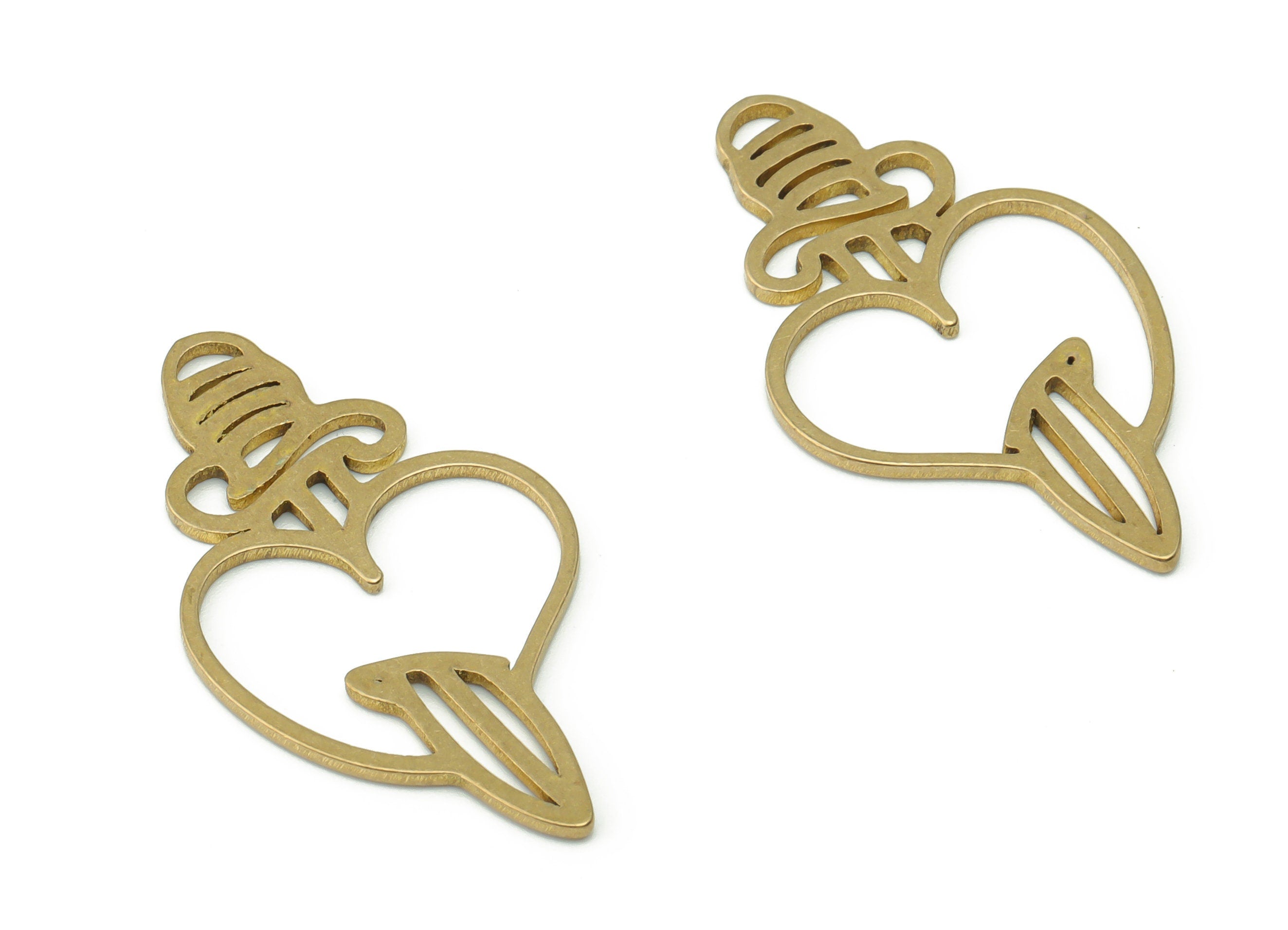 Brass Sword Heart Earring Charms - Raw Brass Heart Sword Pendant - DIY Jewelry Making Supplies - 30.4x15.99x0.85mm - PPZ0088 - DOMEDBAZAAR