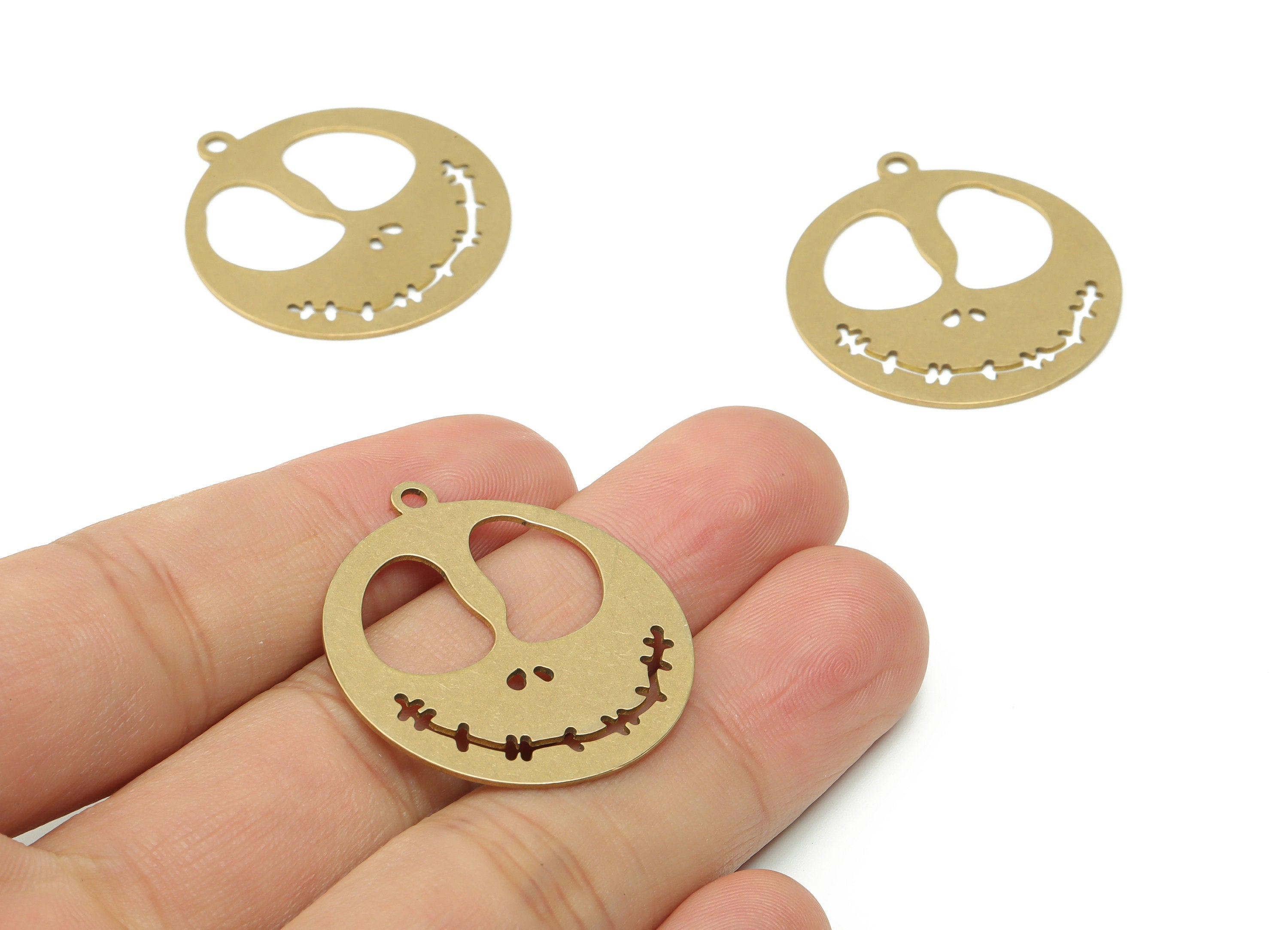 Brass Round Branch Earring Charms - Raw Brass Smiley Skull Pendant - DIY Jewelry Making Supplies - 32.86x29.85x0.6mm - PPZ0064 - DOMEDBAZAAR