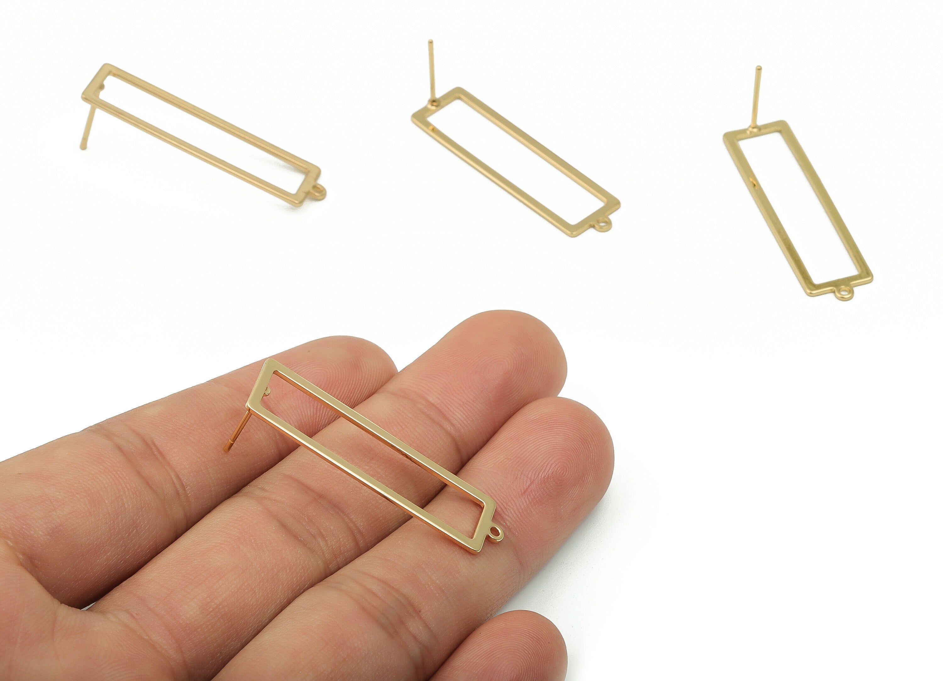 Brass Rectangle Earring Stud - Gold Rectangle Earring Post - Stainless Steel Studs - 18k Real Gold Plated Brass - 38.41x10.3x0.9mm - RGP4139 - DOMEDBAZAAR