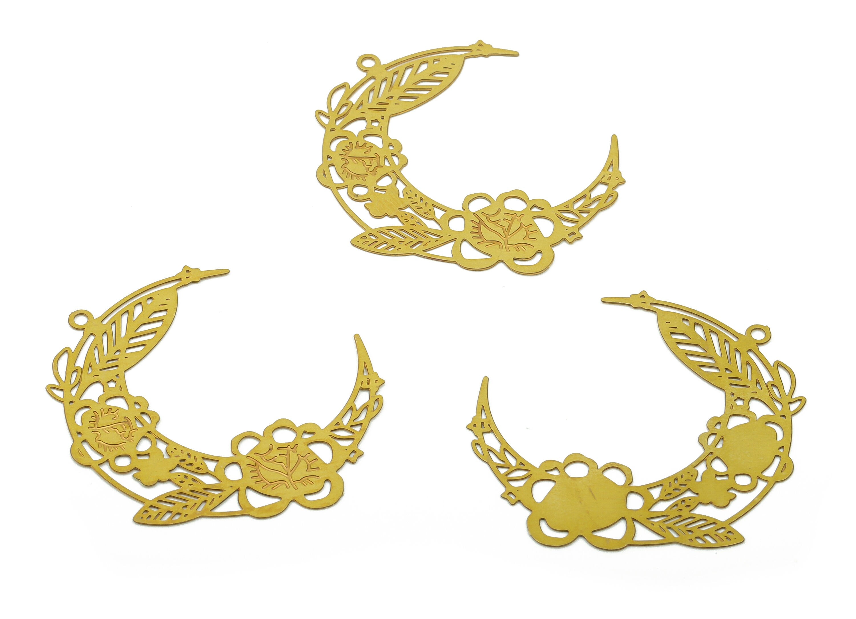 Brass Crescent Earring Charms - Raw Brass Moon Flowers Pendant - DIY Jewelry Making Supplies - 37.38x33.82x0.28mm - JJB6781 - DOMEDBAZAAR
