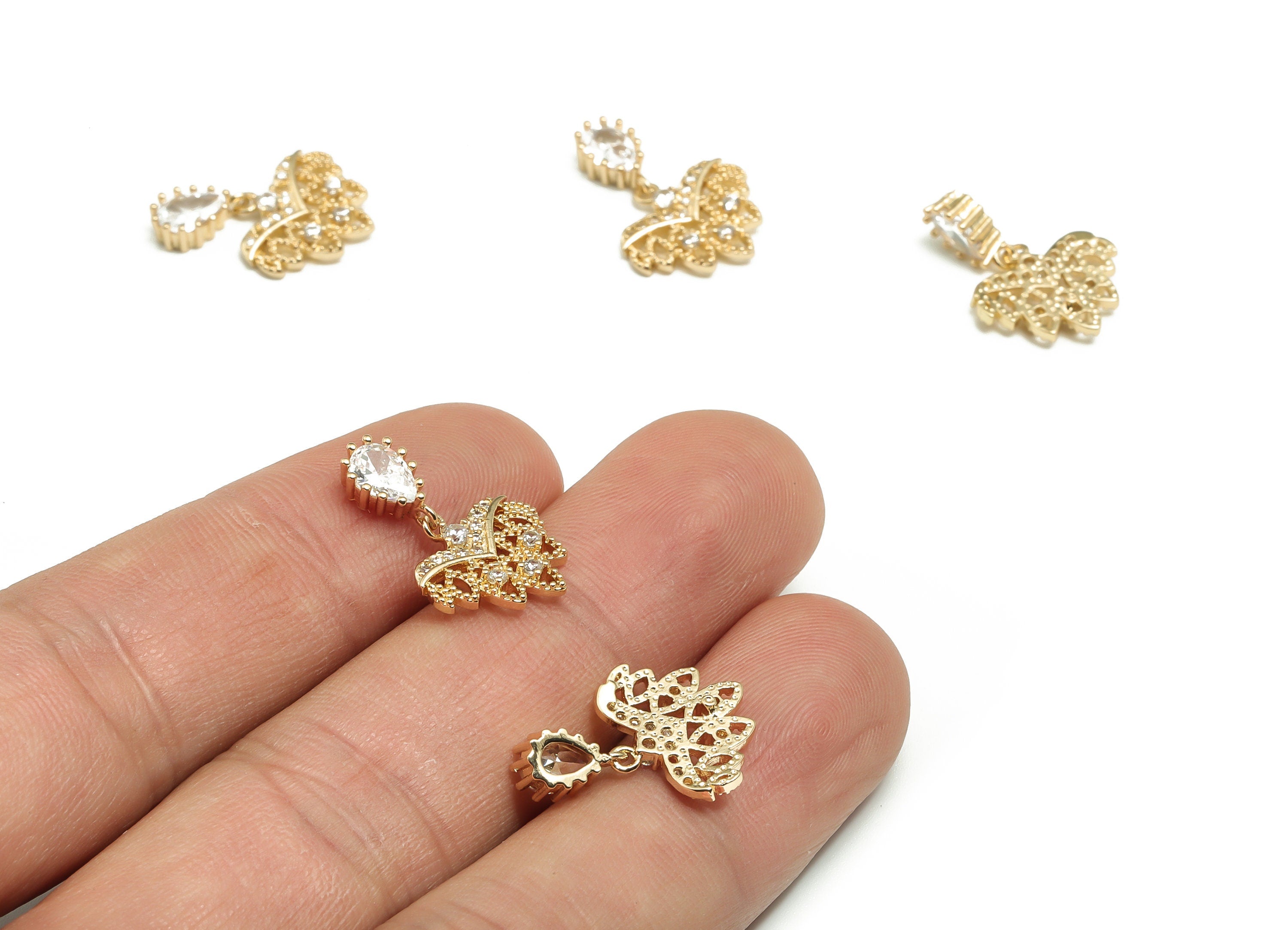 Brass Oval Earring Charms With Drop Zircons – Zircon KC Gold Tone Oval Pendant – Dainty Dangle Charms - 19.66x13.62x2.62mm - PP4852G - DOMEDBAZAAR