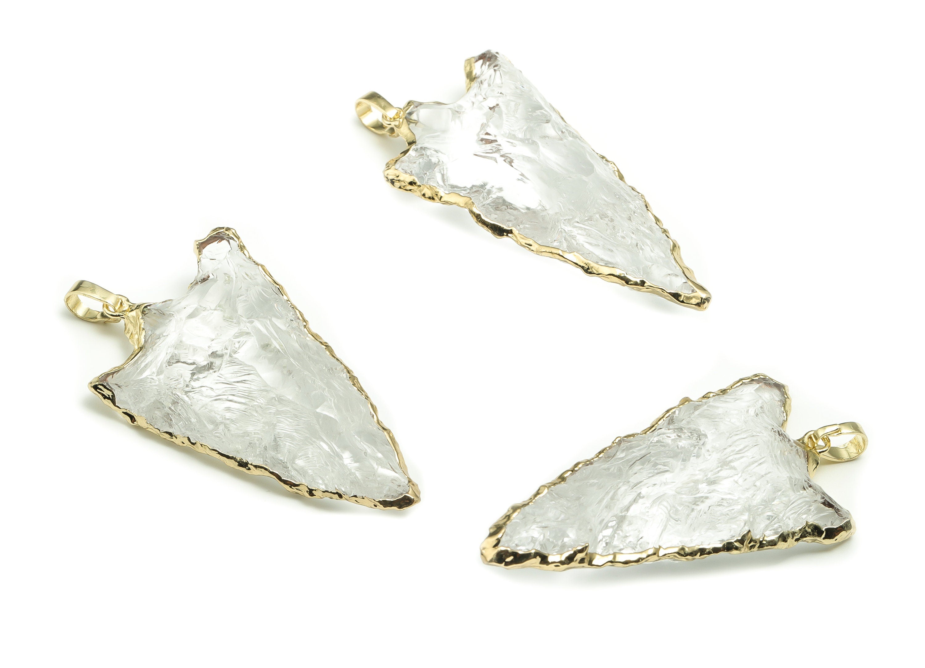 Clear Quartz Triangle Charms – Brass Triangle Spearhead Pendant – Natural Stone - Average size – Gold Tone Plating - 45.3x25x9.8mm - NS1462 - DOMEDBAZAAR
