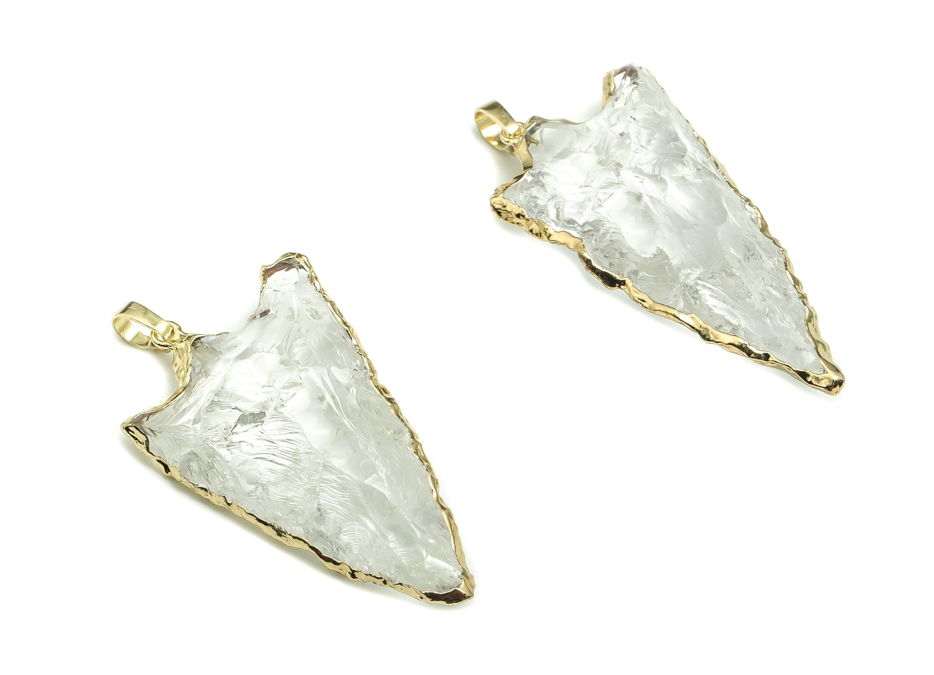 Clear Quartz Triangle Charms – Brass Triangle Spearhead Pendant – Natural Stone - Average size – Gold Tone Plating - 45.3x25x9.8mm - NS1462 - DOMEDBAZAAR