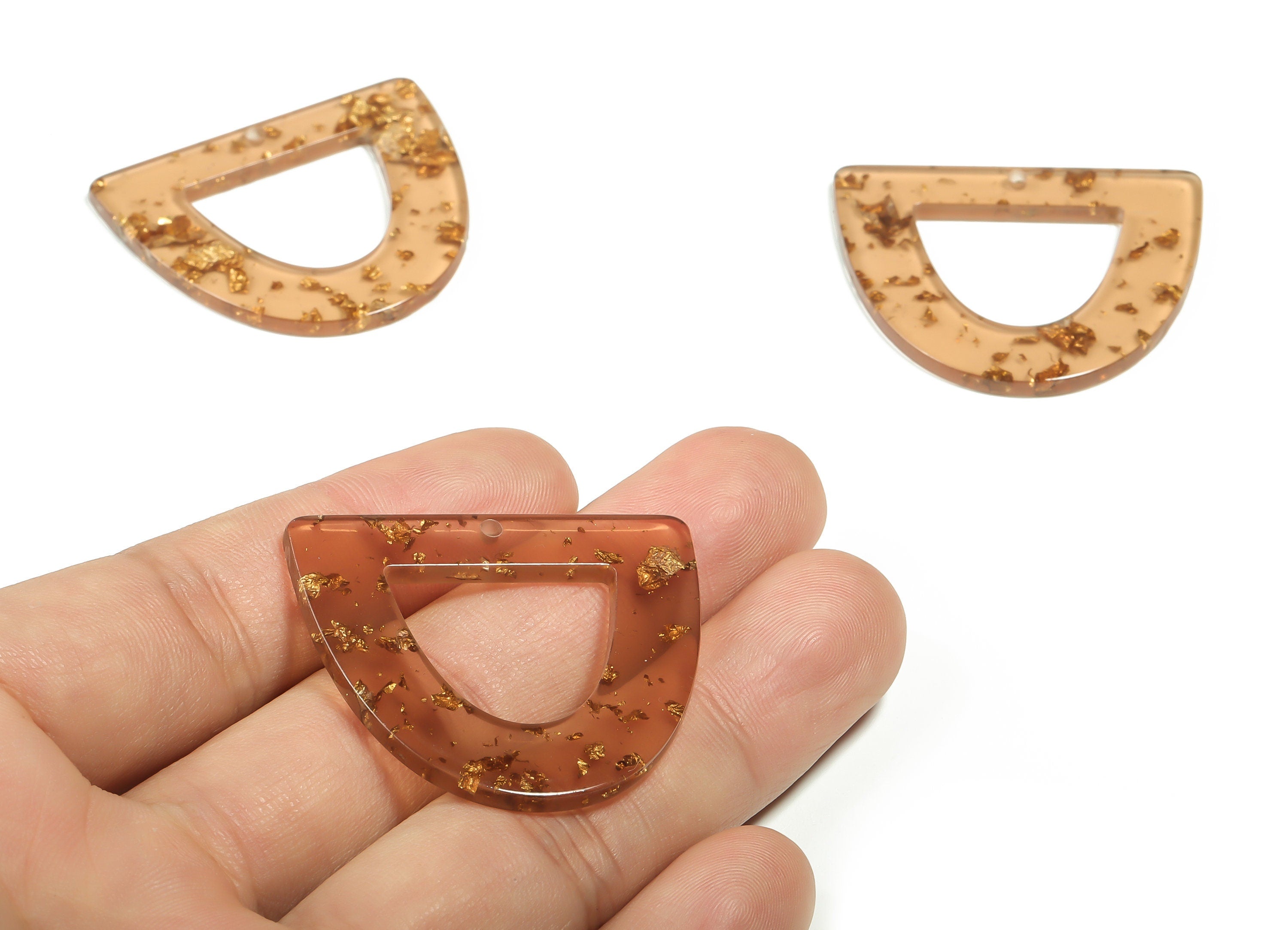 Acrylic D Earring Charms - Half Oval Pendant - Gold Brown Foil Clear - Jewelry Supplies - Color Code: A434- 39.2x34.2x2.5mm - AC2327-A434 - DOMEDBAZAAR