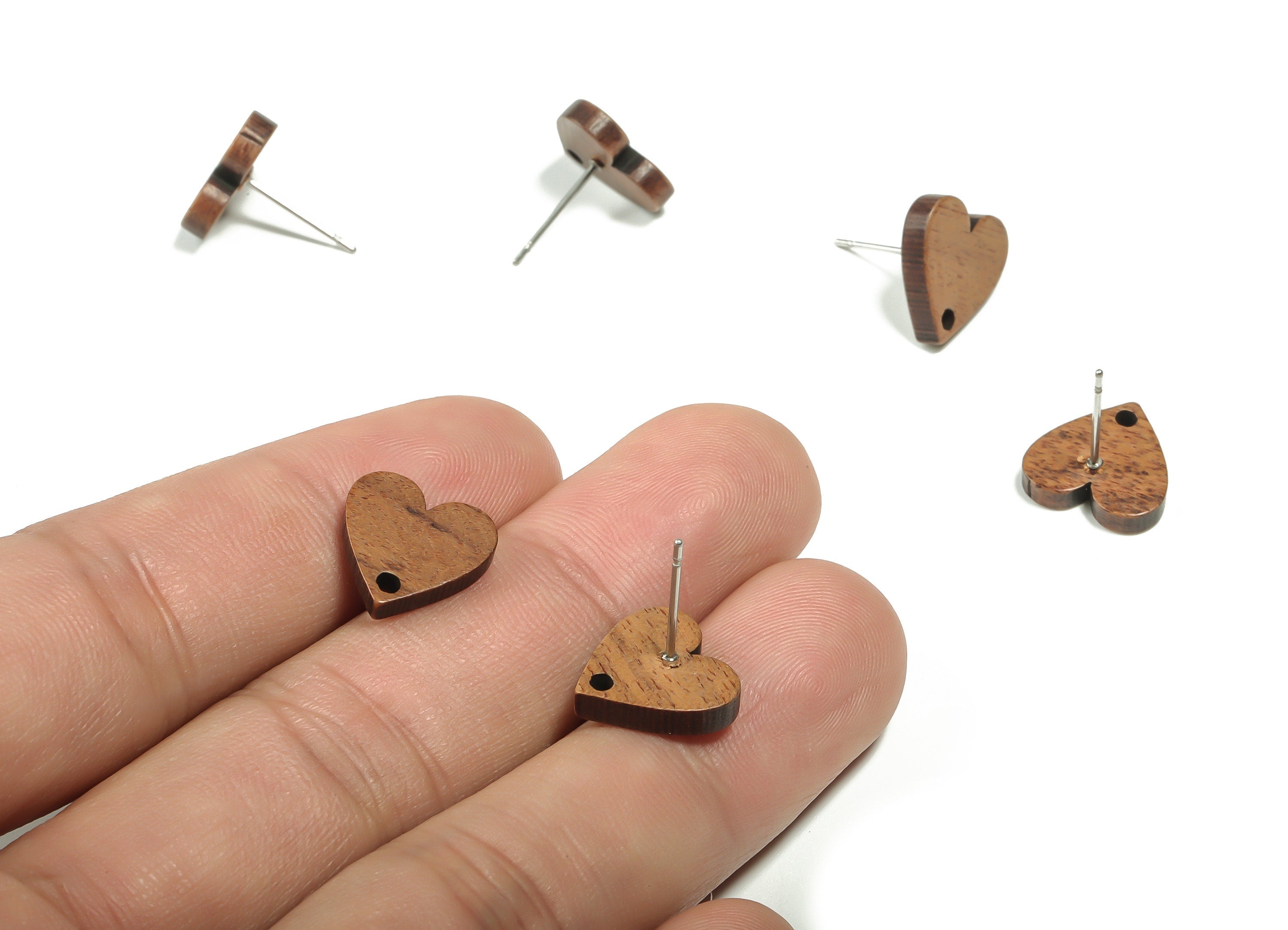 Mahogany Wood Heart Earring Stud - Mahogany Heart Post - Stainless Steel Stud - Mahogany Wood Heart Post - 12.43x12.33x2.78mm - BB1122 - DOMEDBAZAAR