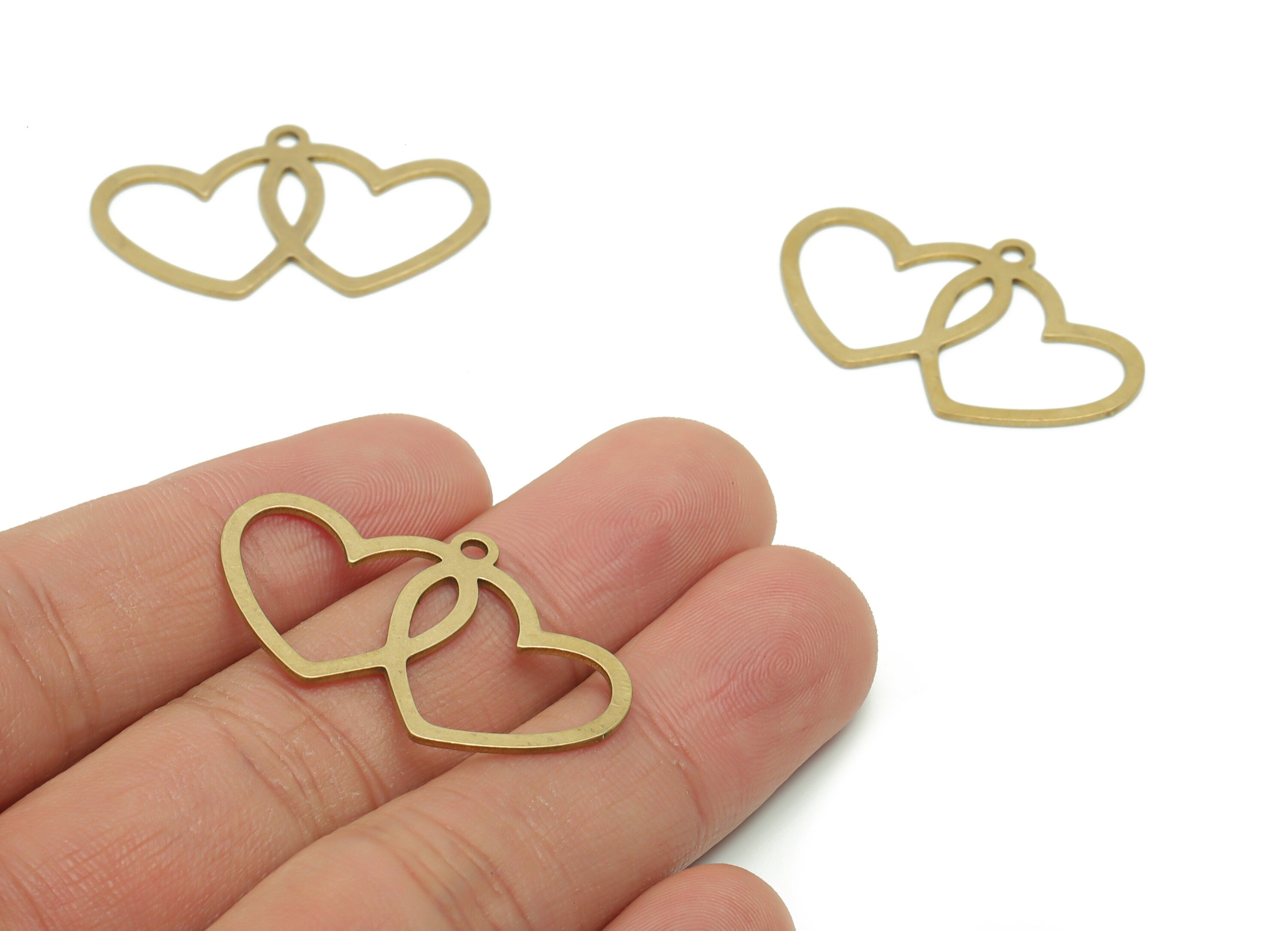 Brass Double Heart Earring Charms - Raw Brass Double Heart Pendant - Jewelry Making Supplies - 34.8x21.3x0.76mm - PPA0552 - DOMEDBAZAAR