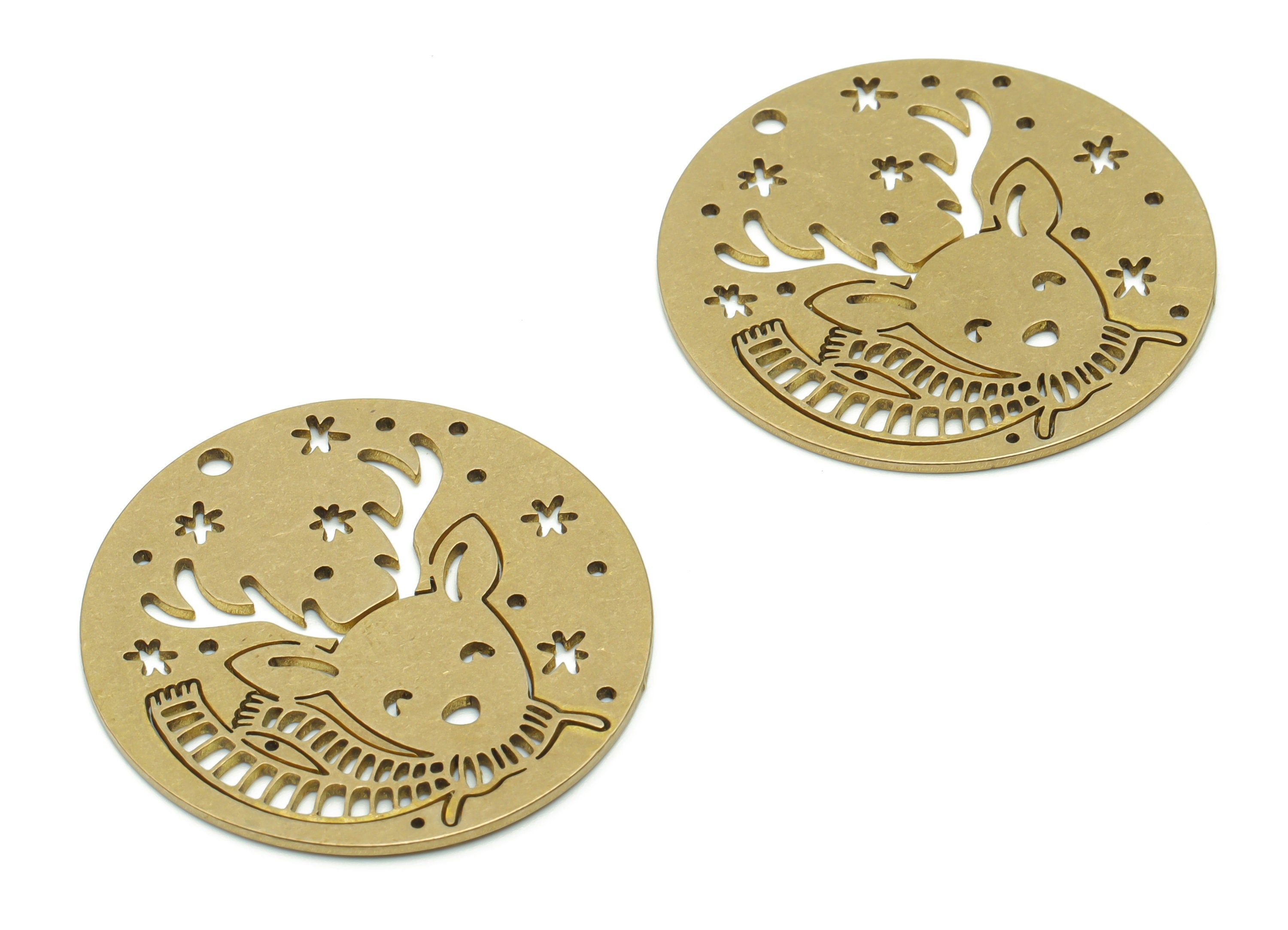 Brass Round Deer Snowflake Earring Charms - Raw Brass Christmas Deer Snowflake Pendant - Jewelry Supplies - 34.77x32.92x0.87mm - PPZ0104 - DOMEDBAZAAR