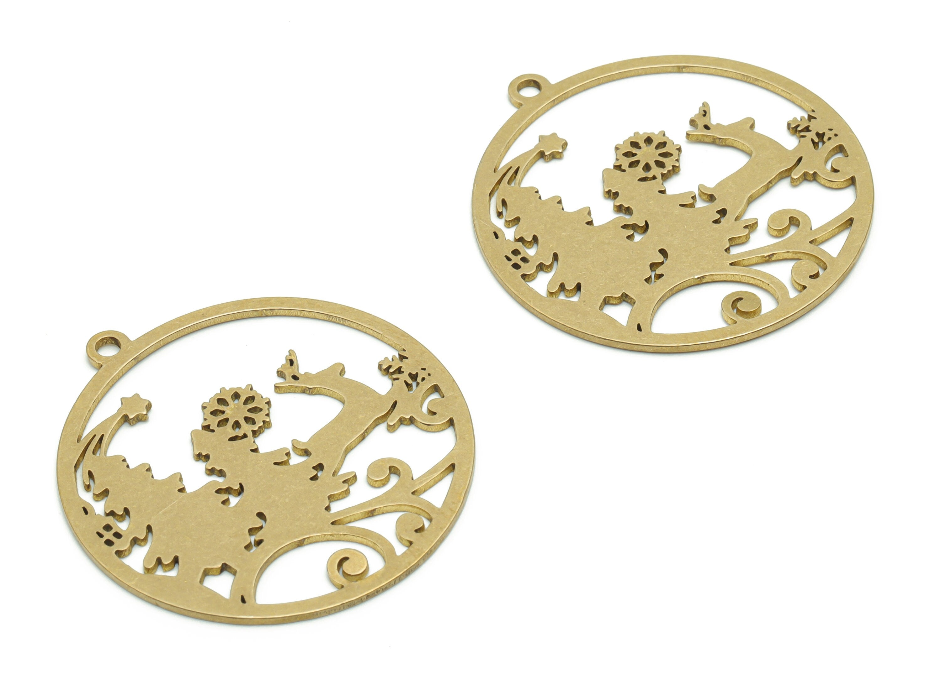 Brass Snowflake Deer Star Pine Earring Charms - Raw Brass Snowflake Deer Star Pine Pendant - Christmas Charm - 37.5x34.82x0.81mm - PPZ0102 - DOMEDBAZAAR