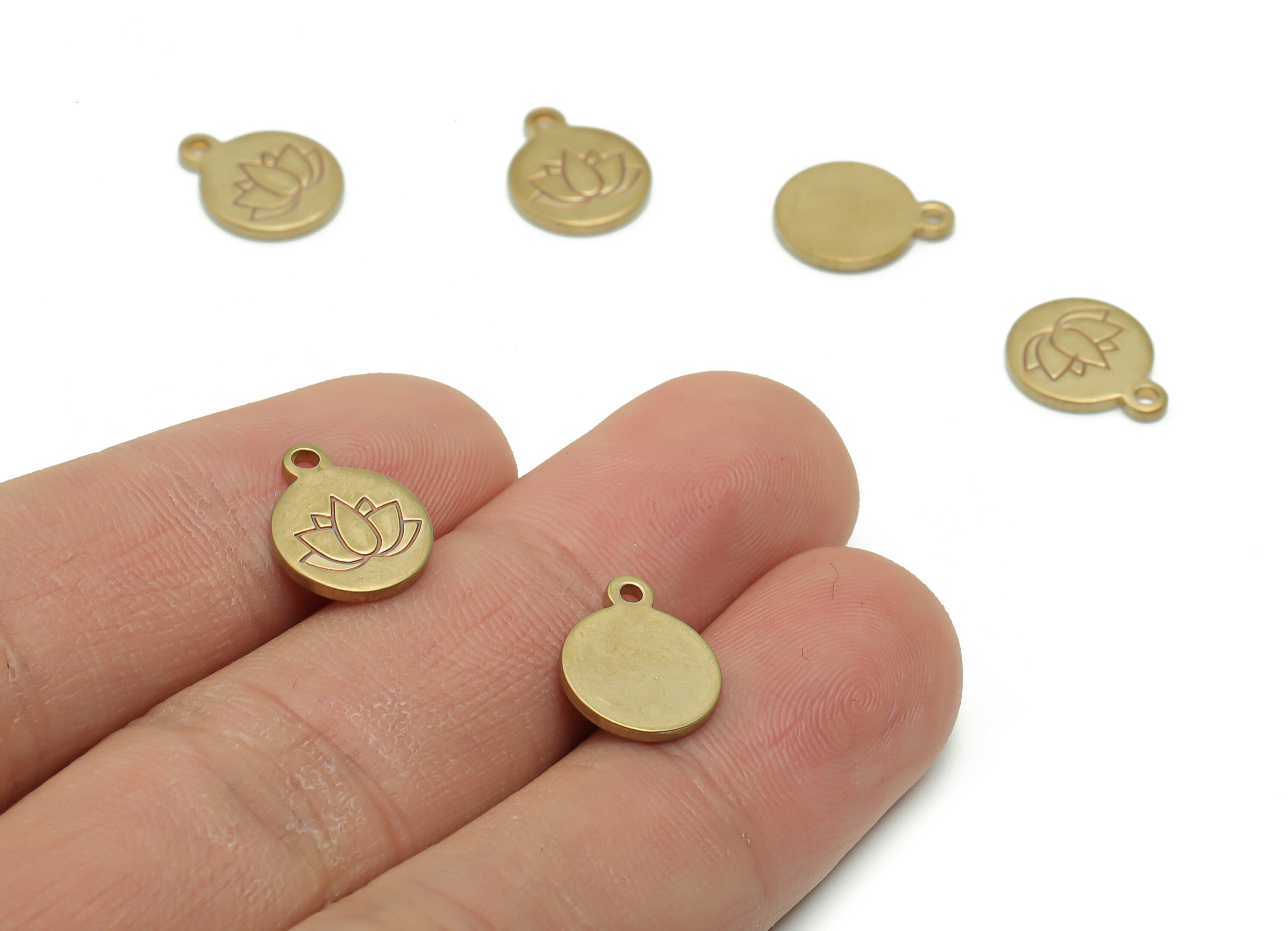 Brass Mini Round Lotus Earring Charms - Raw Brass Lotus Engraved Pendant - DIY Jewelry Making Supplies - 14.89x11.98x1.2mm - PP4964 - DOMEDBAZAAR