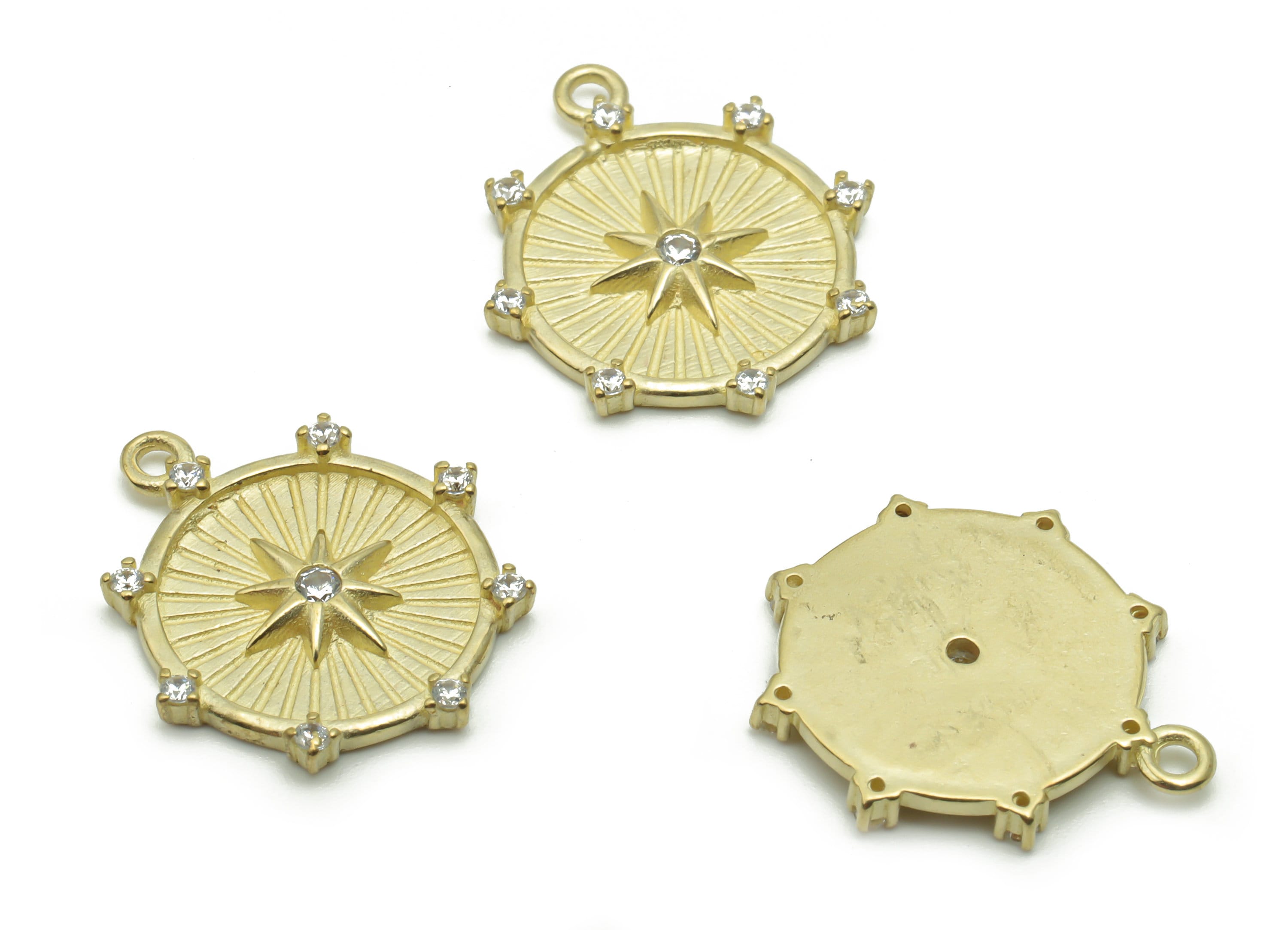 Brass Round Star Earring Charms With Zircons - Raw Brass Circle Star Pendant - Jewelry Making Supplies - 17.94x15.77x1.85mm - PP4950 - DOMEDBAZAAR