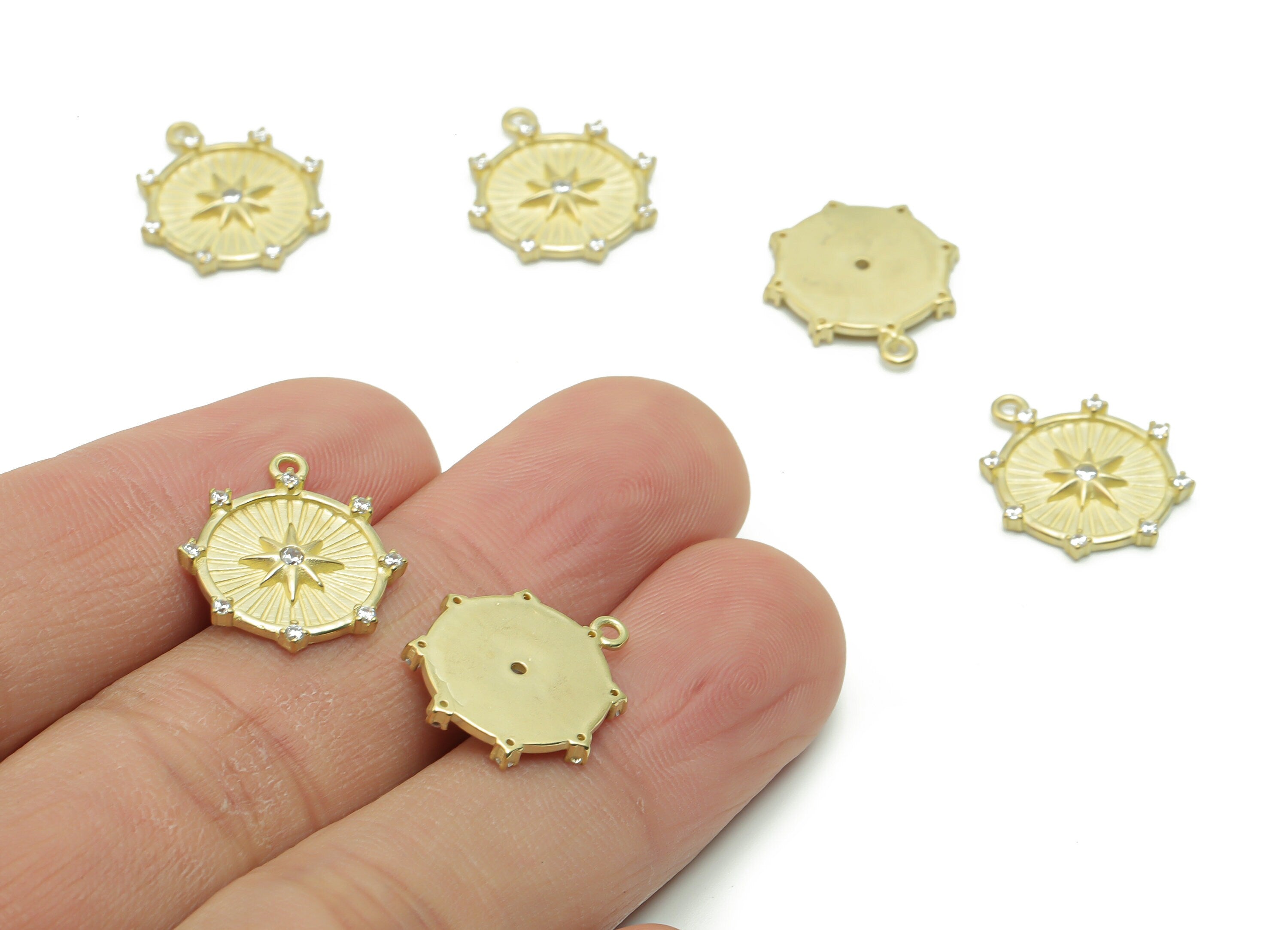Brass Round Star Earring Charms With Zircons - Raw Brass Circle Star Pendant - Jewelry Making Supplies - 17.94x15.77x1.85mm - PP4950 - DOMEDBAZAAR