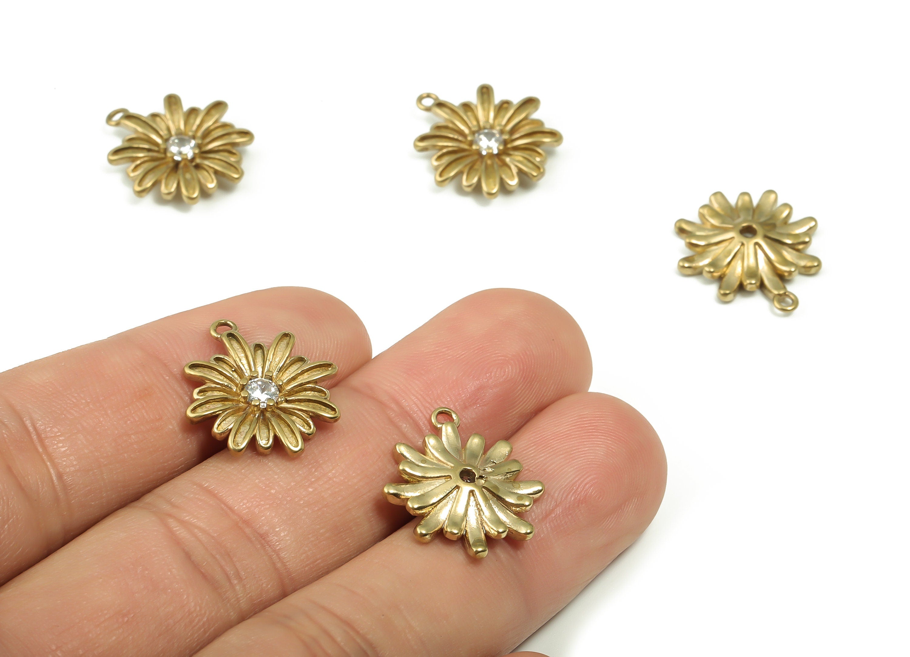 Raw Brass Daisy Flower Charms – Zircon Flower Earring Charms – Daisy Pendant Charms - Jewelry Making Supplies -18.76x16.86x3.32mm - PP4875 - DOMEDBAZAAR