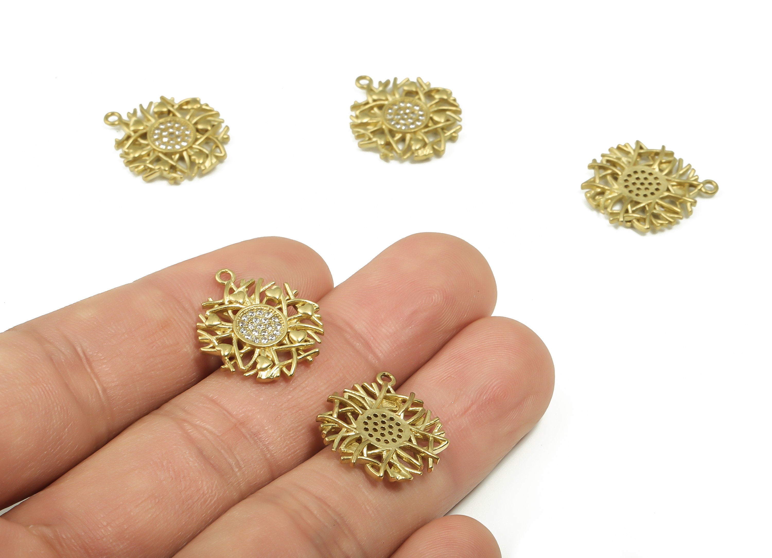 Raw Brass Branches Earring Charms with Zircon – Brass Delicate Flower Charm Pendant – Jewelry Making Supplies - 19.78x17.56x2.71mm - PP4868 - DOMEDBAZAAR