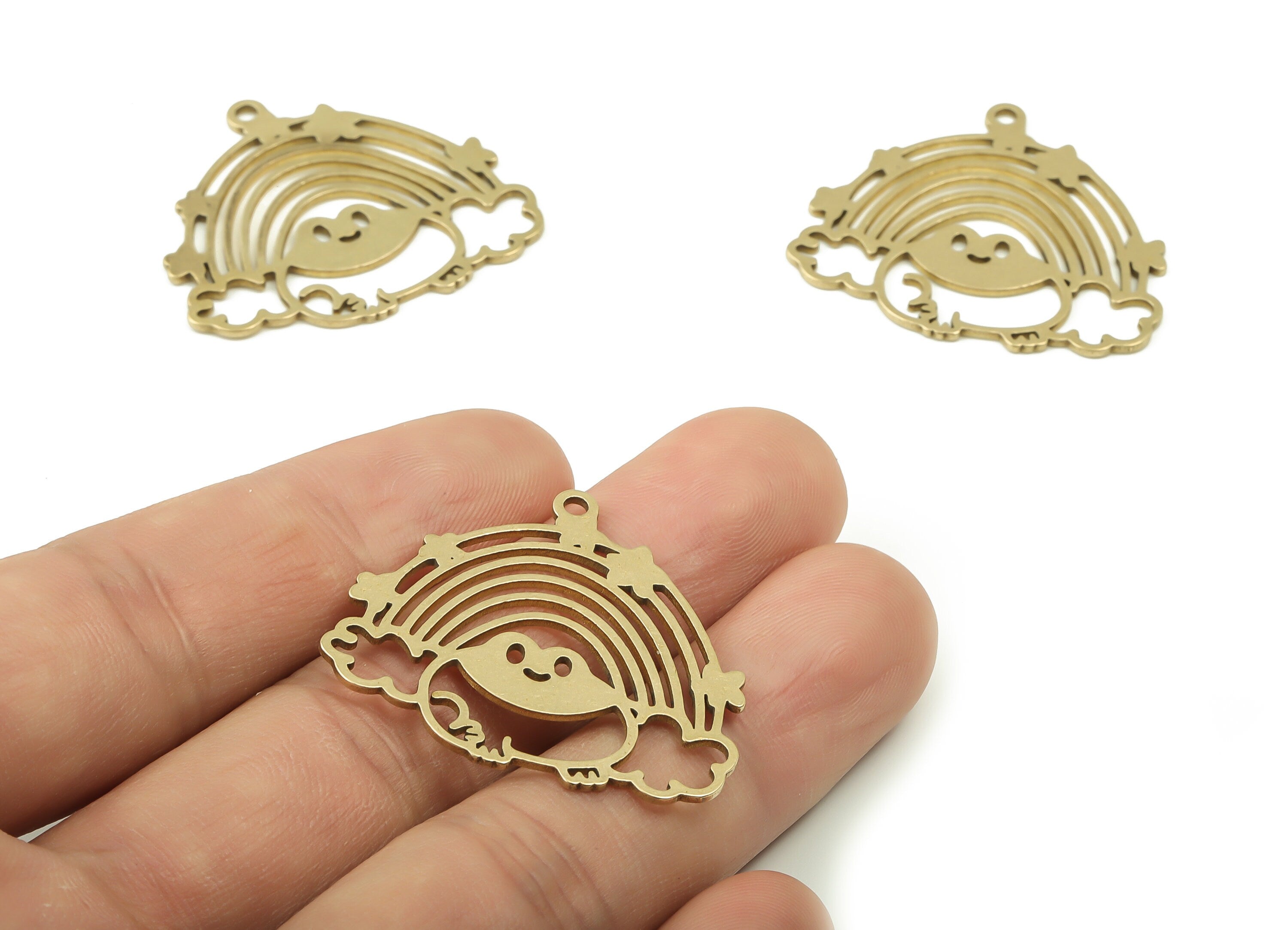 Brass Rainbow Frog Earring Charms - Raw Brass Star Cloud Pendant - Jewelry Making Supplies - 34.71x31.26x0.89mm - PPZ0025 - DOMEDBAZAAR
