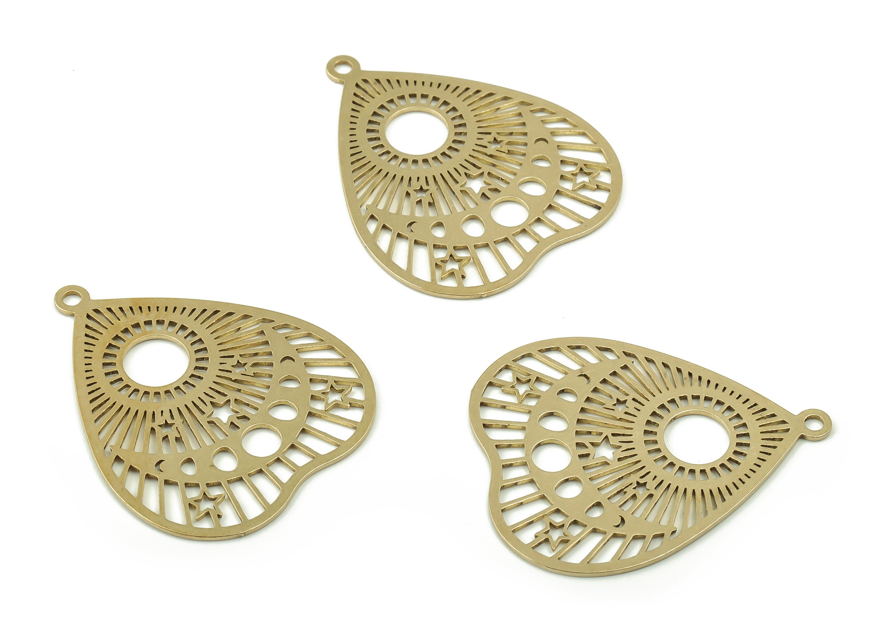 Brass Heart Sun Earring Connector - Raw Brass Moon Star Charms and Pendant - Jewelry Making Supplies - 34.69x28.39x0.67mm - PPZ0030 - DOMEDBAZAAR