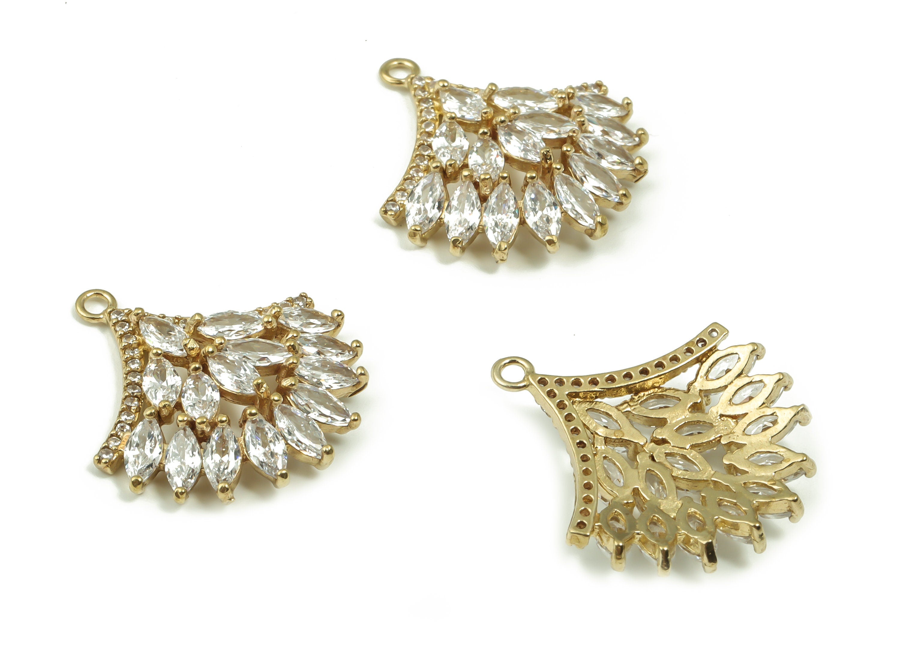 Raw Brass Flower Spike Earring Charm - Brass Zircon Fan Shape Pendant Charm - Jewelry Making Supplies - 22.8x20.64x4.32mm- PP4861 - DOMEDBAZAAR