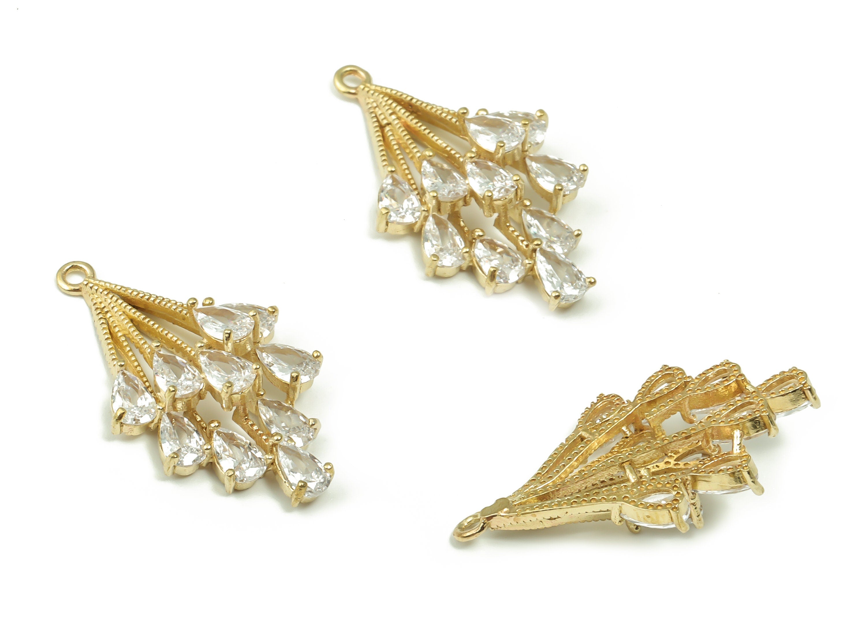 Raw Brass Flower Spike Earring Charm - Brass Zircon Leaves Pendant Charm - DIY Jewelry Making Supplies - 28.13x16.22x6.42mm - PP4860 - DOMEDBAZAAR