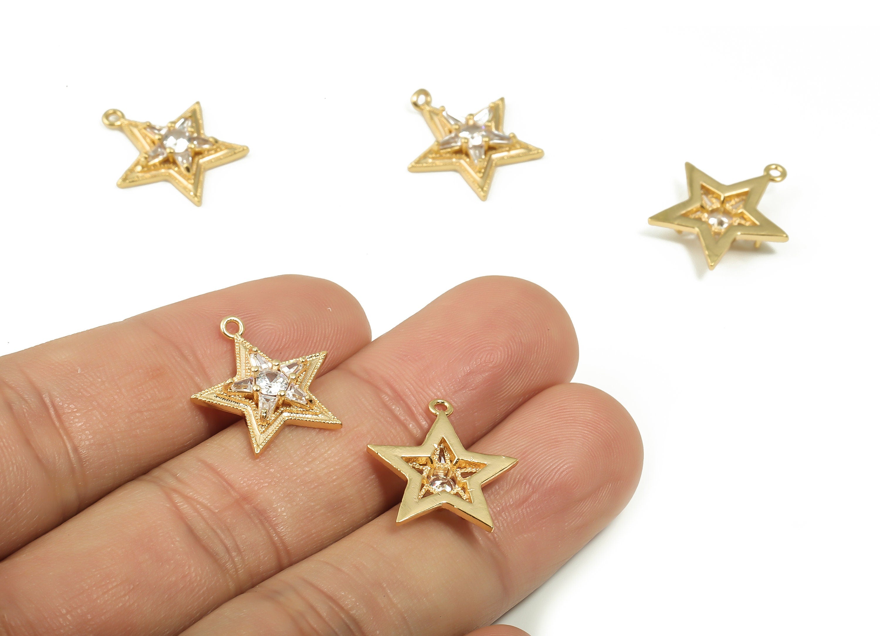 Brass Five-pointed star Earring Charms With Zircons - Gold Star Pendant - 18K Real Gold Plated Brass - 17.86x16.6x3.81mm - RGP4157 - DOMEDBAZAAR