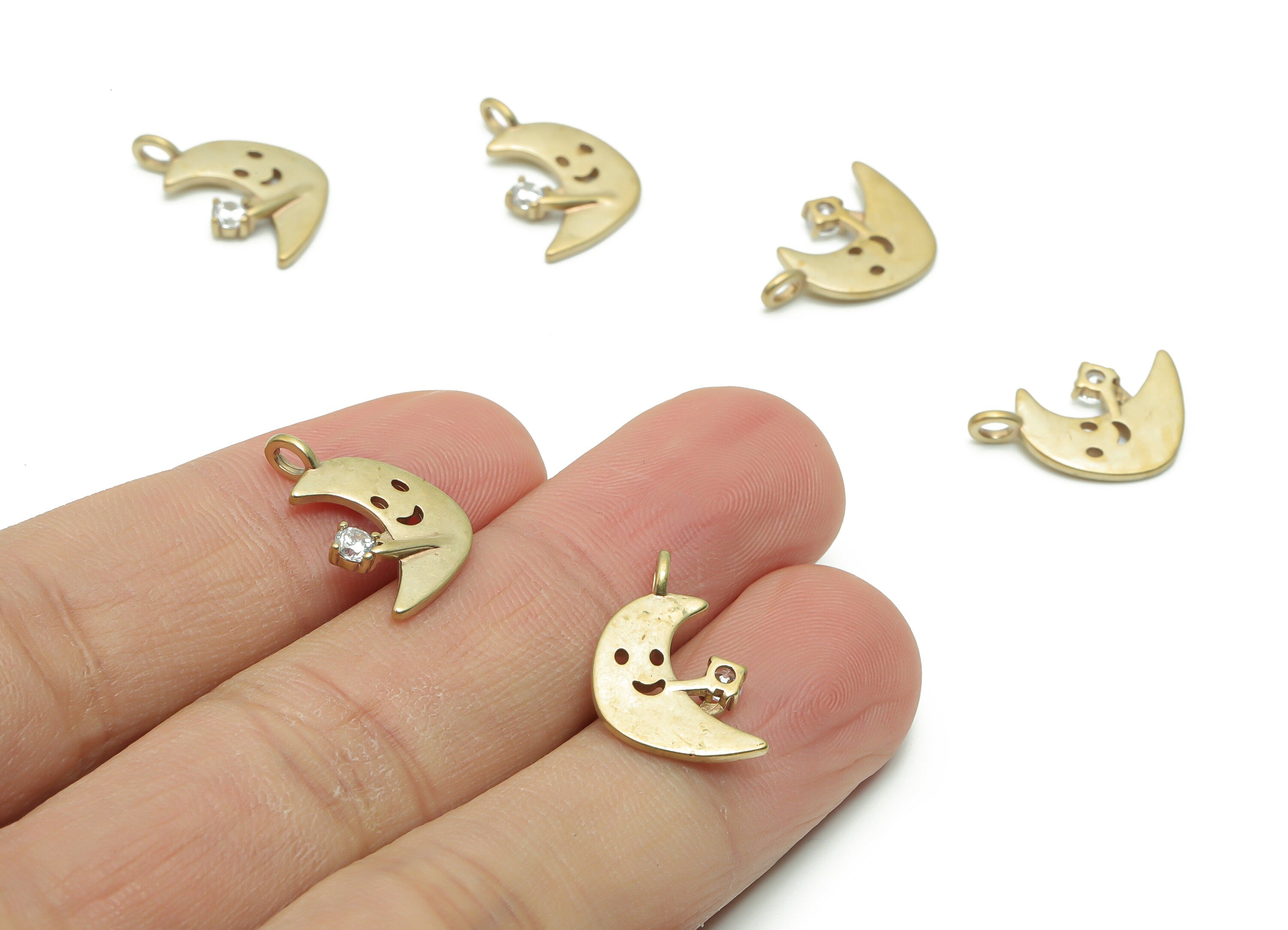 Brass Moon Smiley Earring Charms With Zircons - Raw Brass Crescent Pendant - Jewelry Making Supplies - 16.69x15.54x2.31mm - PP4946 - DOMEDBAZAAR