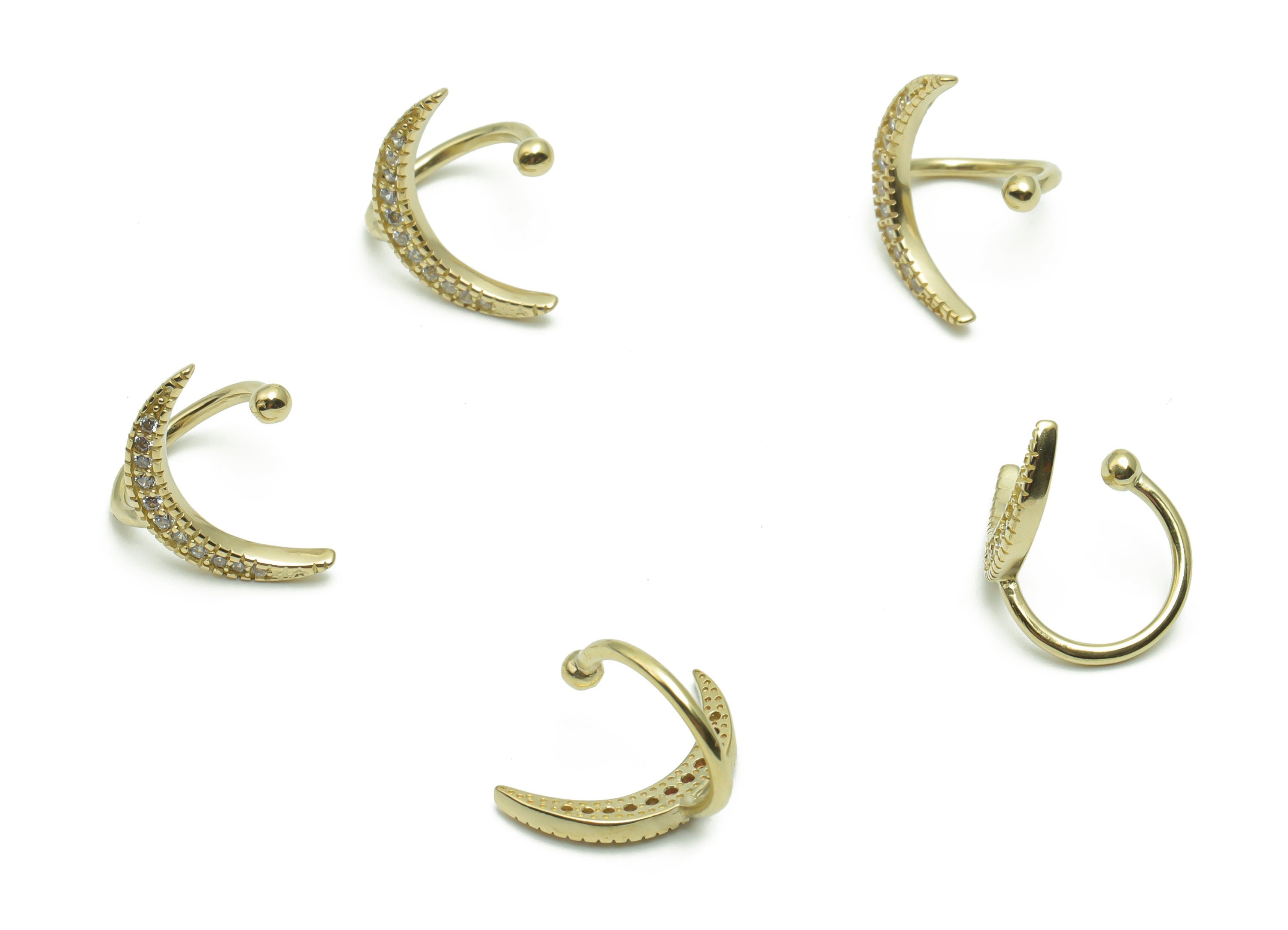 Brass Crescent Earring Cuff with Zircons - Raw Brass Moon Earring Hook- Brass Moon Earcuff - Crescent Necklace - 14.72x11.4x1.45mm -PP4943 - DOMEDBAZAAR