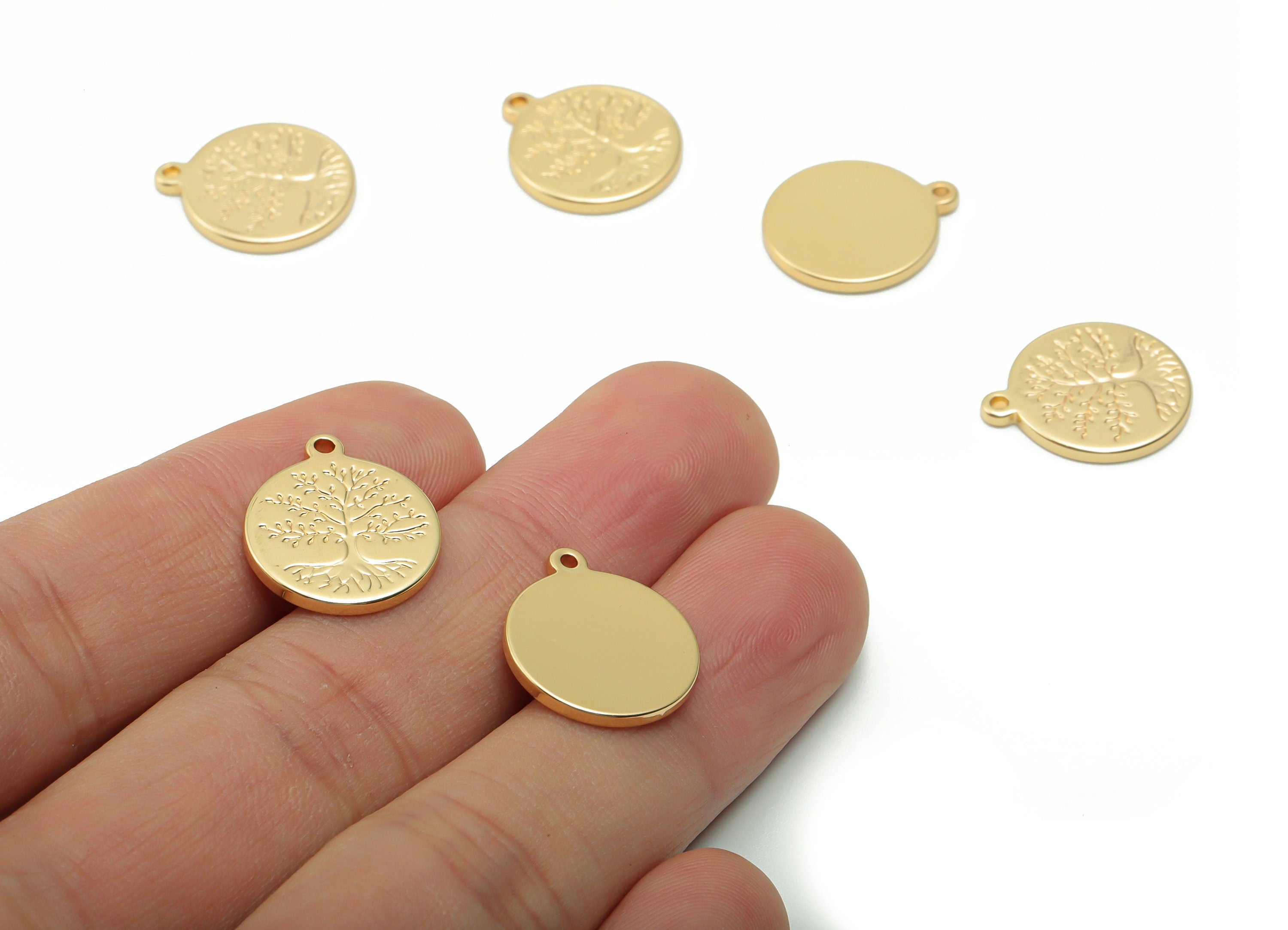 Brass Round Tree Root Earring Charms - Gold Circle Tree Root Pendant - 18K Real Gold Plated Brass - 17.45x15.1x1.59mm - RGP4204 - DOMEDBAZAAR