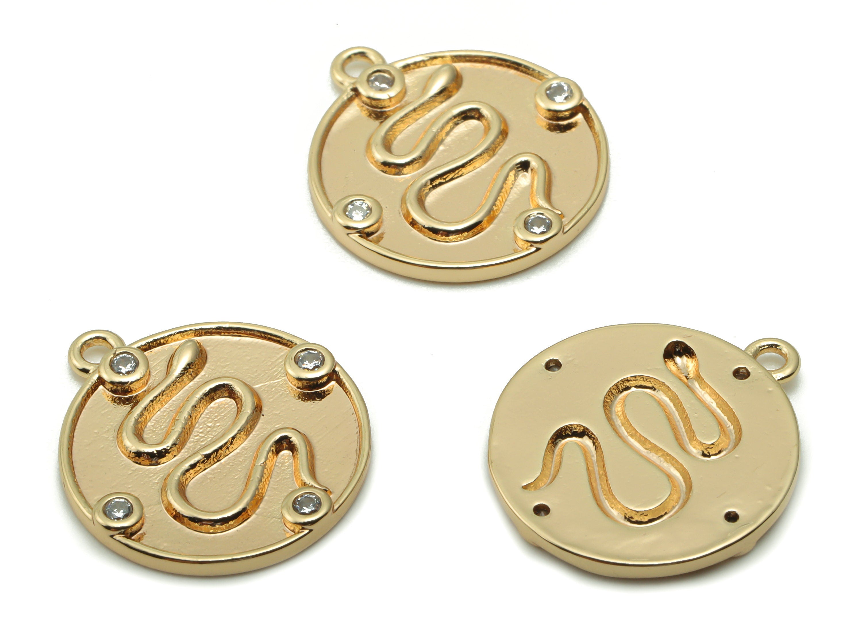Brass Round Snake Earring Charms With Zircons - Gold Circle Snake Pendant - 18K Real Gold Plated Brass - 17.35x15.21x1.59mm - RGP4196 - DOMEDBAZAAR