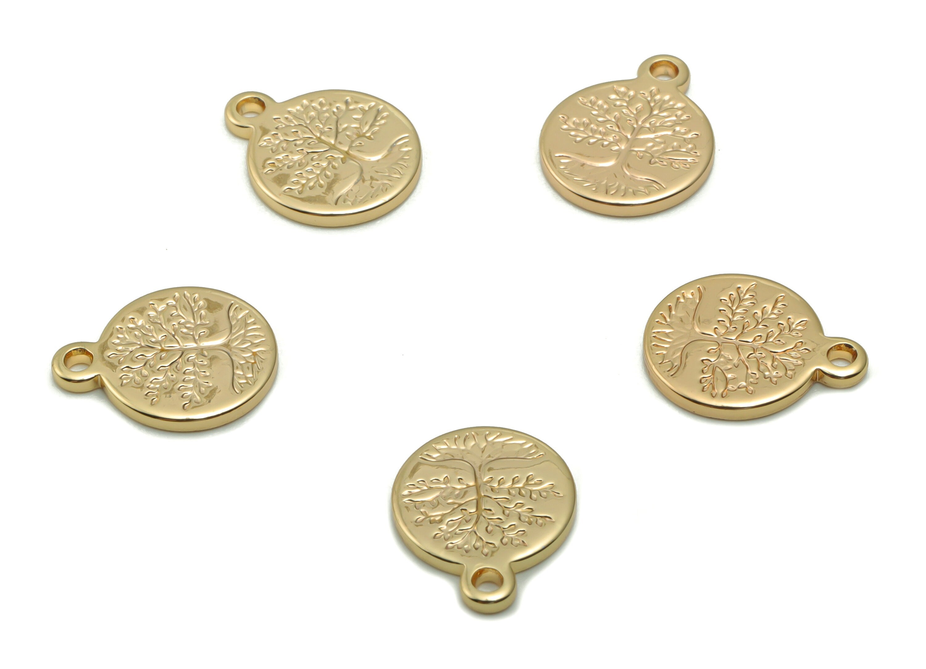 Brass Mini Round Tree Root Earring Charms - Gold Circle Tree Root Pendant - 18K Real Gold Plated Brass - 12.56x10.12x1.24mm - RGP4201 - DOMEDBAZAAR