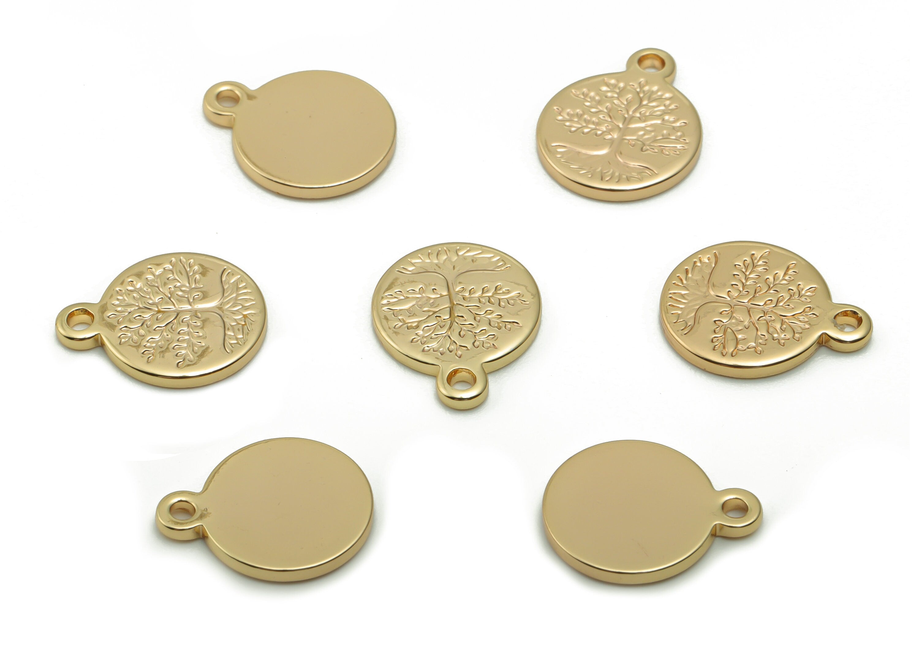 Brass Mini Round Tree Root Earring Charms - Gold Circle Tree Root Pendant - 18K Real Gold Plated Brass - 12.56x10.12x1.24mm - RGP4201 - DOMEDBAZAAR